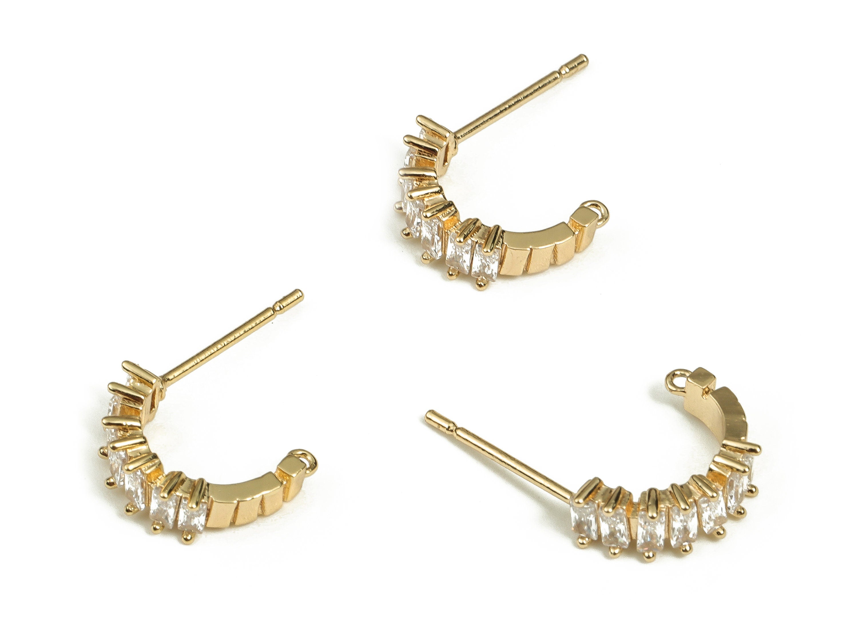 Brass C Shaped Earring Stud - Gold Semicircle Earring Post - Brass Stud with Zircon - 18K Real Gold Plated Brass -13.3x8.5x4.13mm- RGP3468 - DOMEDBAZAAR