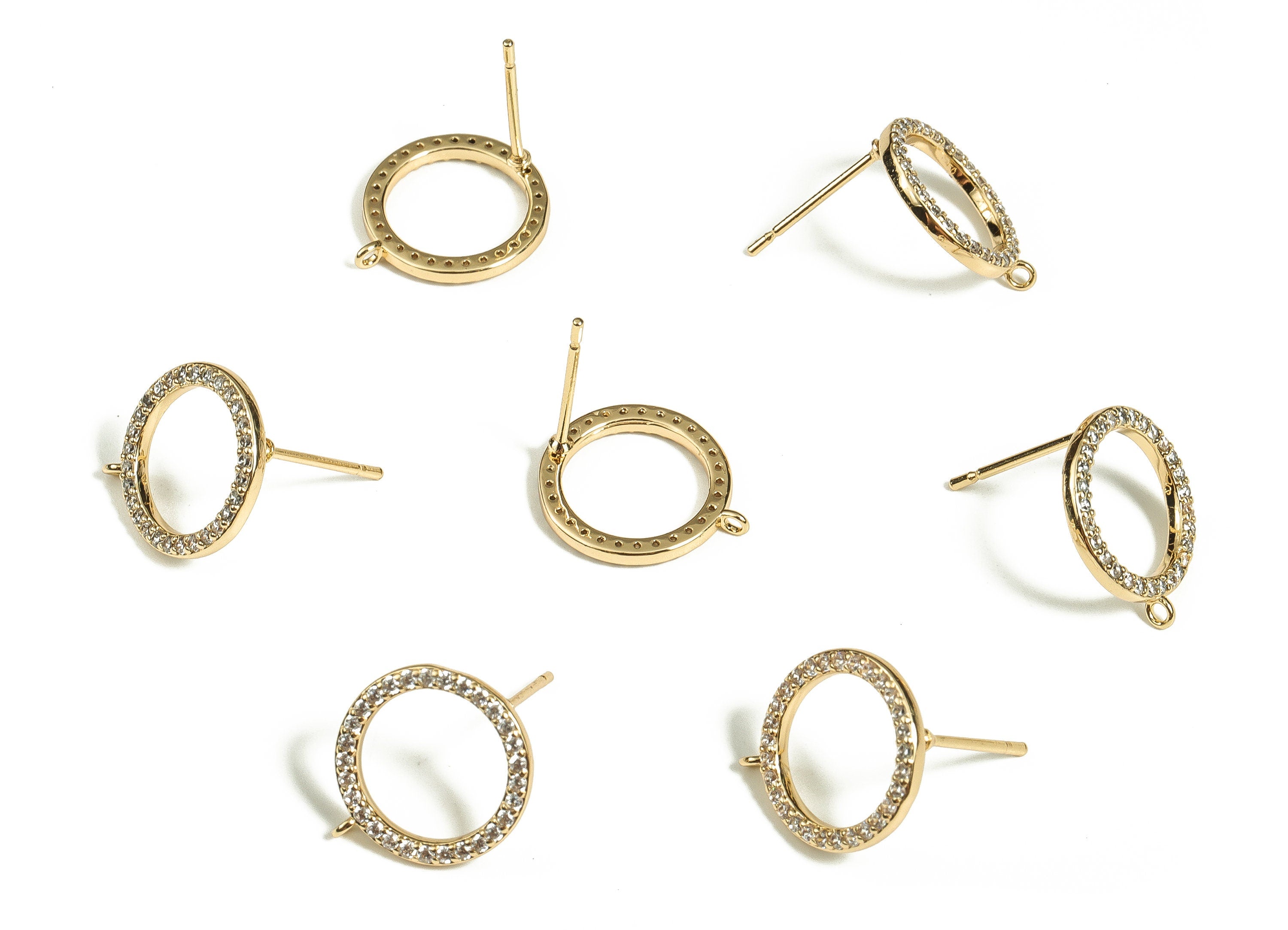Brass Round Earring Post With Zircons - Gold Circle Stud - 18K Real Gold Plated Brass - Stainless Steel Stud - 6.06x3.97x2.61mm - RGP3470 - DOMEDBAZAAR