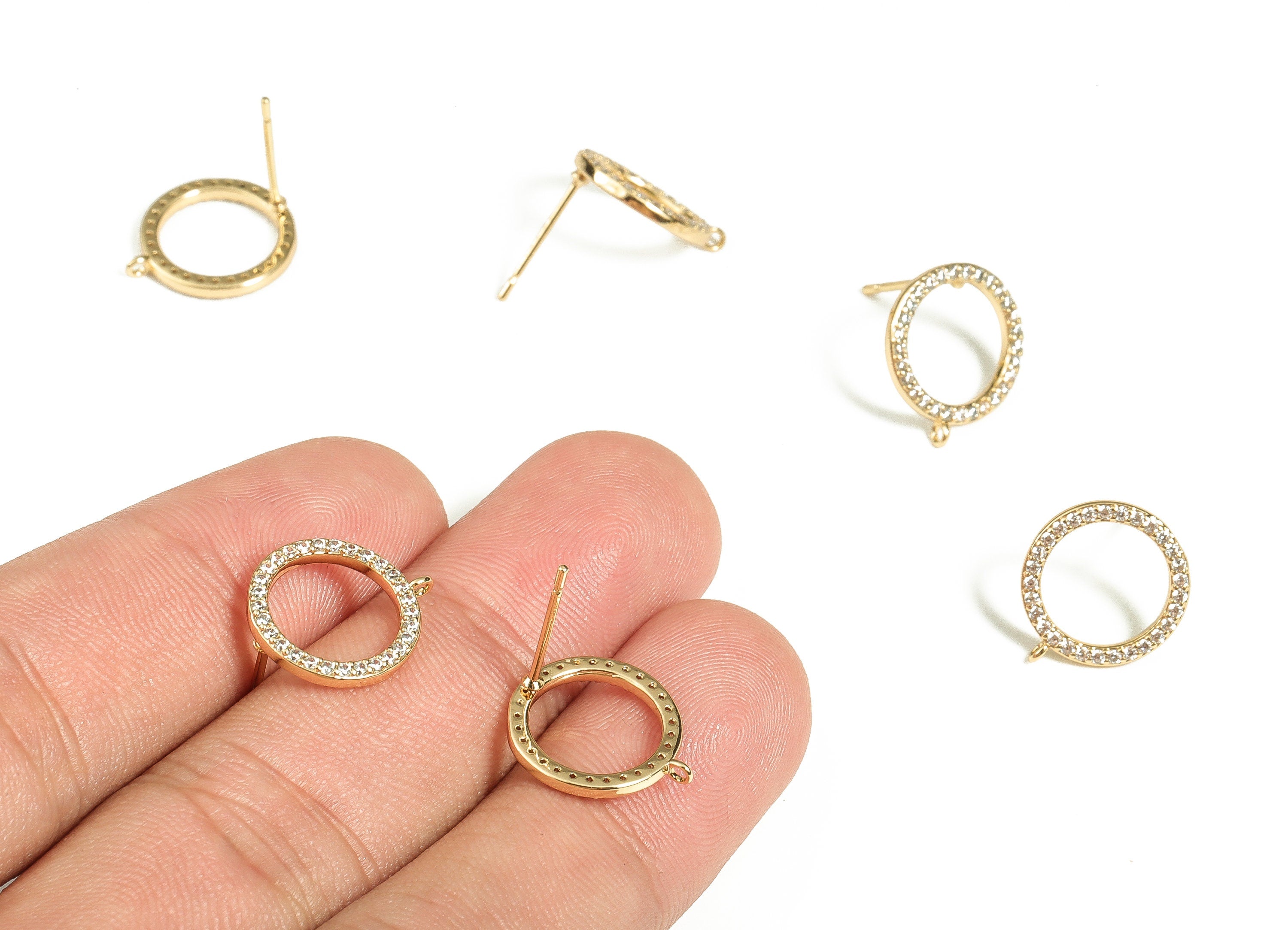 Brass Round Earring Post With Zircons - Gold Circle Stud - 18K Real Gold Plated Brass - Stainless Steel Stud - 6.06x3.97x2.61mm - RGP3470 - DOMEDBAZAAR