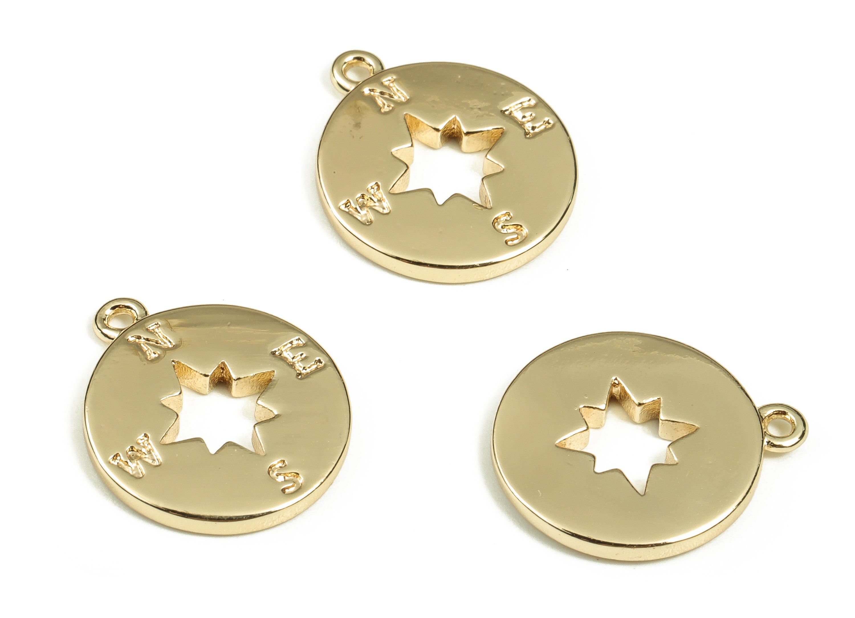 Brass Round Compass Earring Charm - Hollow Star Pendant Charm- 18K Real Gold Plated Brass - Jewelry Supplies -14.31x12.13x1.62mm - RGP3423 - DOMEDBAZAAR