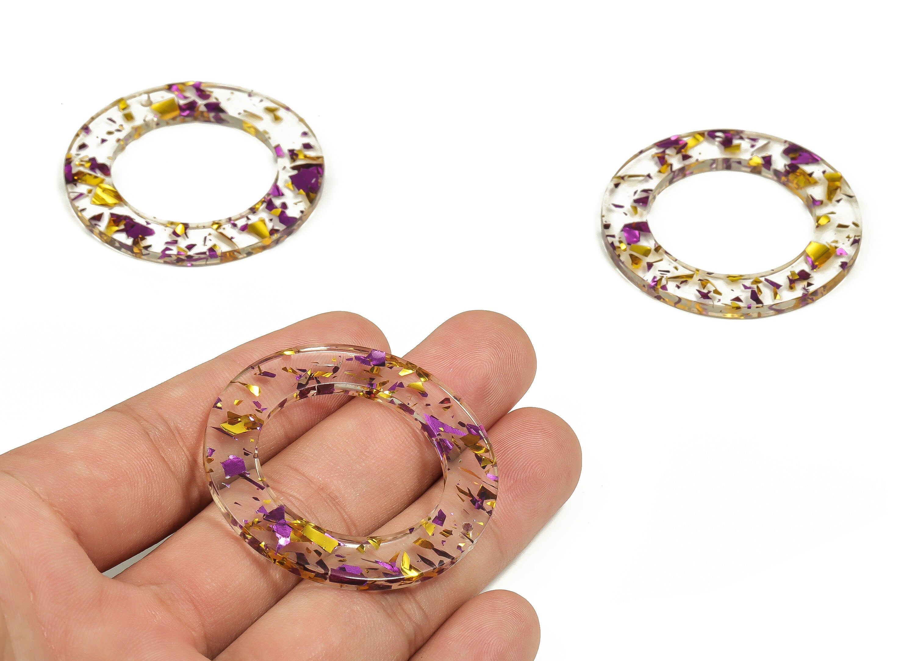 Acrylic Round Earring Charms - Acrylic Circle Pendant - Purple & Gold Confetti - Color Code: A388 - 43.63x43.63x2.86mm - AC2331-A388 - DOMEDBAZAAR