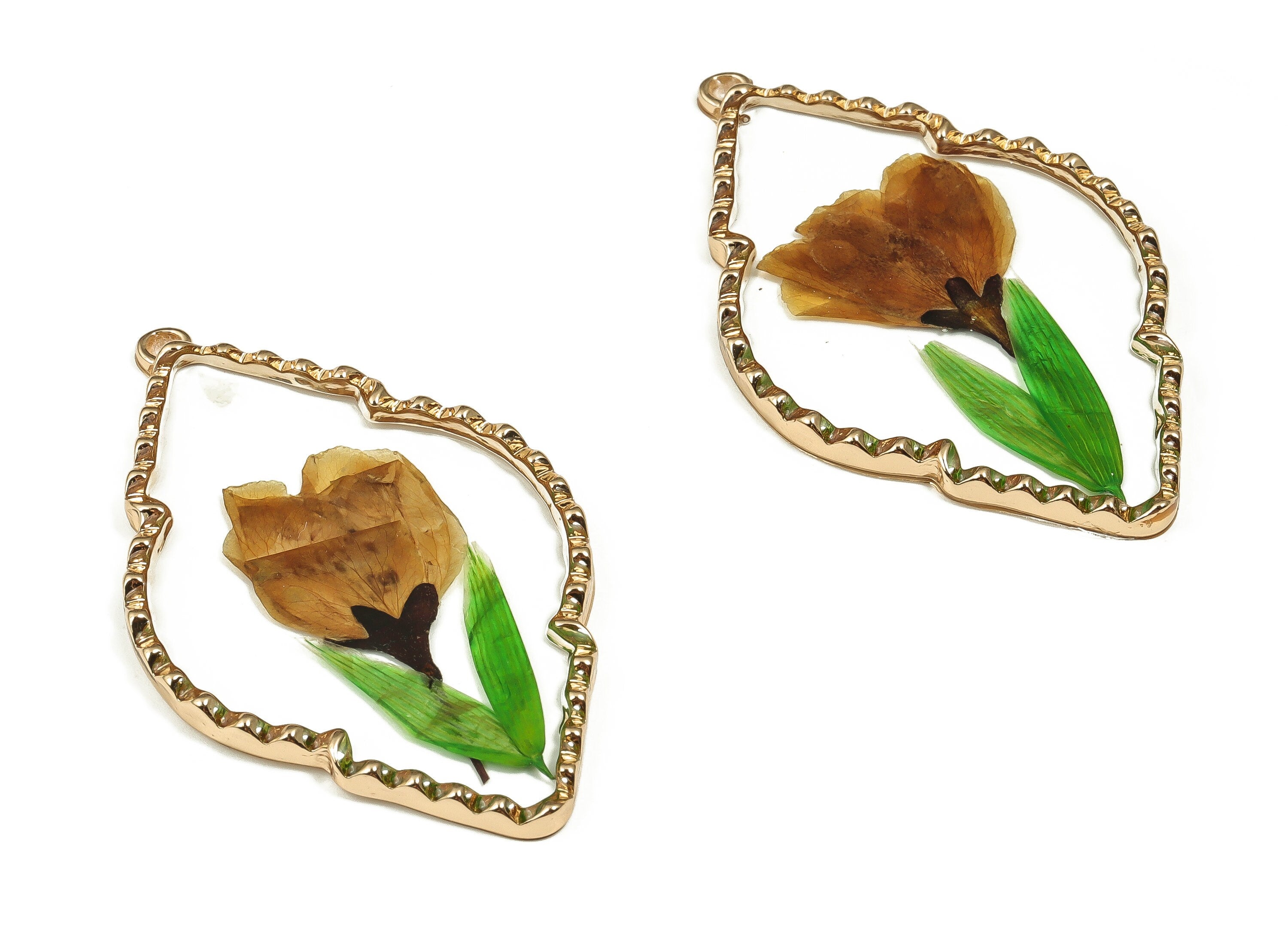 Epoxy Resin Diamond Real Flower Earring Charms - Epoxy Resin Sweet Alyssum Pendant - Gold Tone Plated Alloy - 54.79x32.84x3.83mm - ZZ1921 - DOMEDBAZAAR