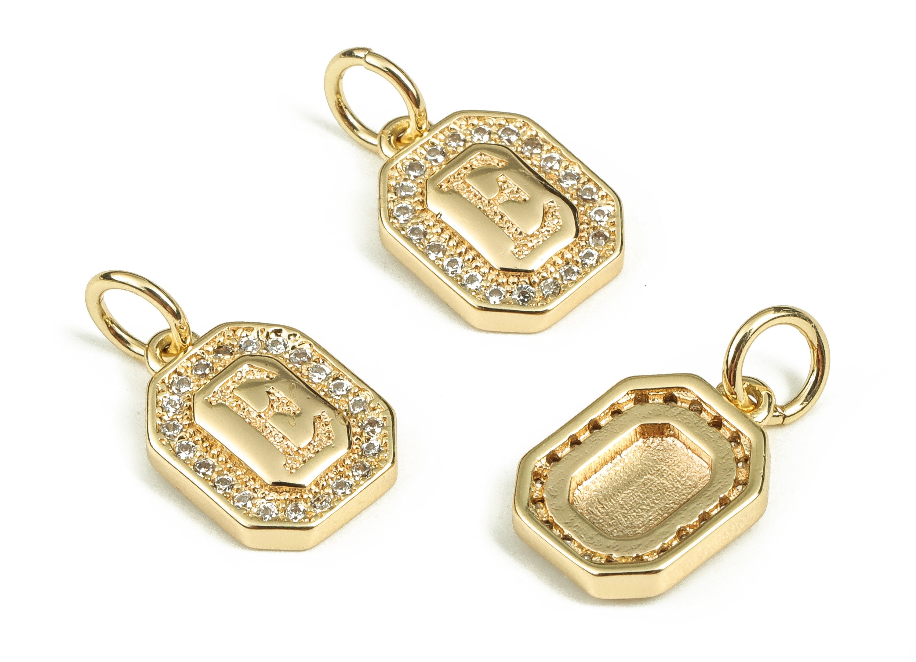 Brass Square Letter E Earring Charms with Zircons – Initial E Gold Alphabet Pendant – 18K Real Gold Plated Brass -11.94x8.47x2.22mm-RGP3595E - DOMEDBAZAAR