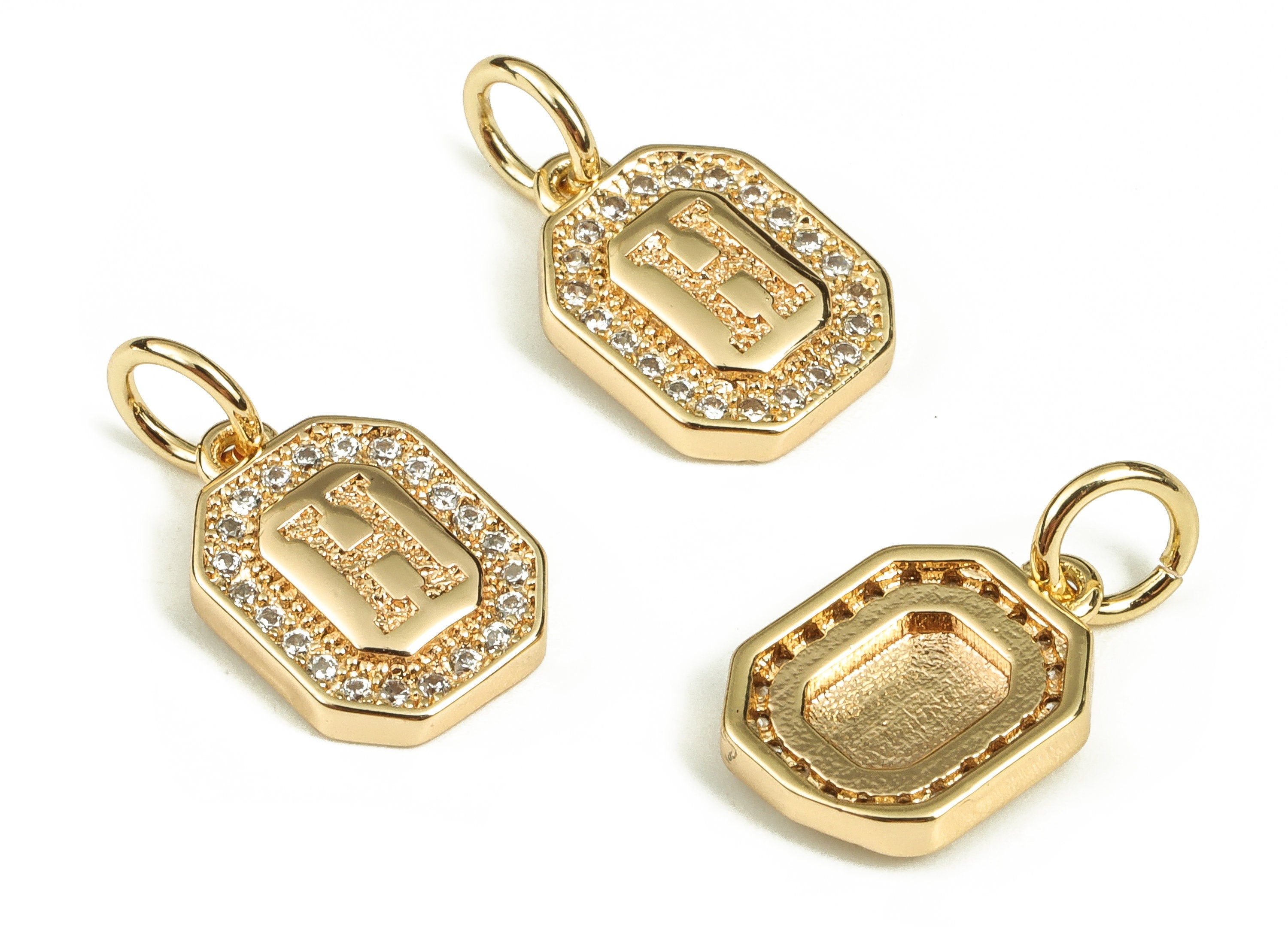 Brass Square Letter H Earring Charms with Zircons – Initial H Gold Alphabet Pendant – 18K Real Gold Plated Brass -11.85x8.48x2.45mm-RGP3595H - DOMEDBAZAAR