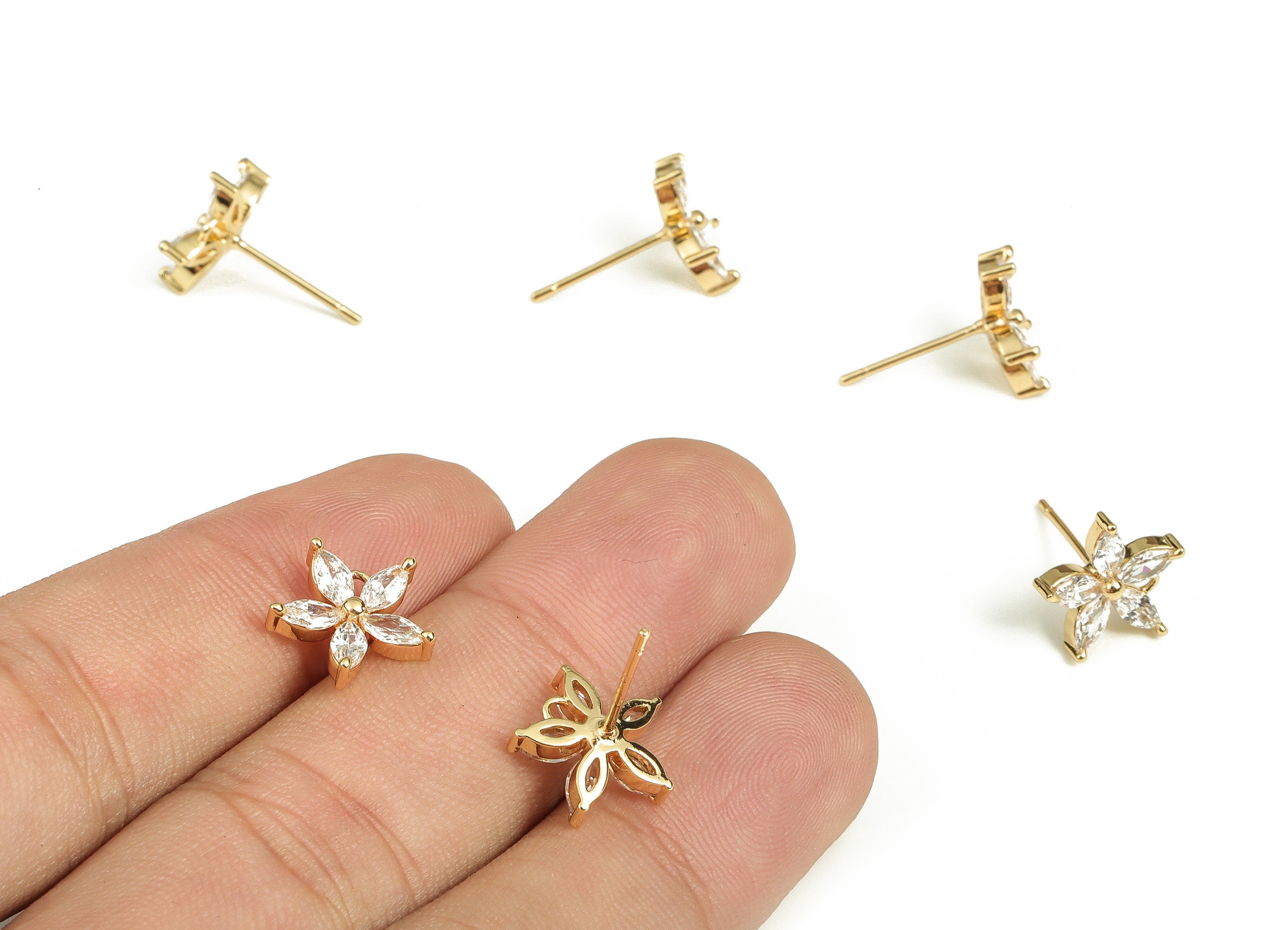 Brass Flower Earring Stud With Zircons - Gold Flower Post - Stainless Steel Stud - 18K Real Gold Plated Brass – 10.64x10.48x2.02mm - RGP3893 - DOMEDBAZAAR