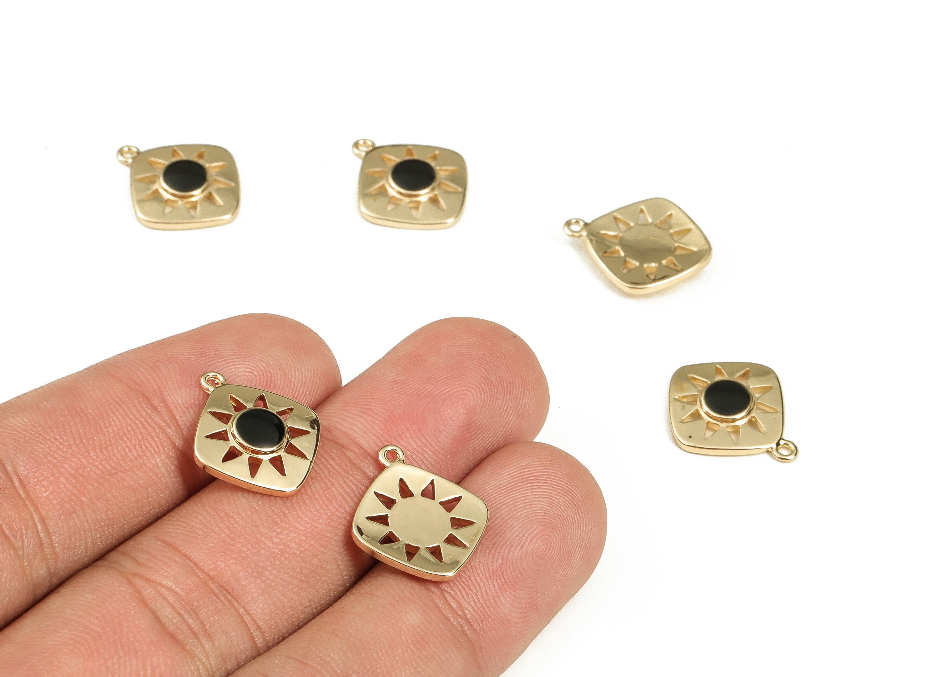 Brass Square Earring Charms - Gold Sun Pendant Charm - Enamel Charms - 18K Gold Plated Brass - Jewelry Supplies -16.5x14.2x2.6mm- RGP3528B - DOMEDBAZAAR