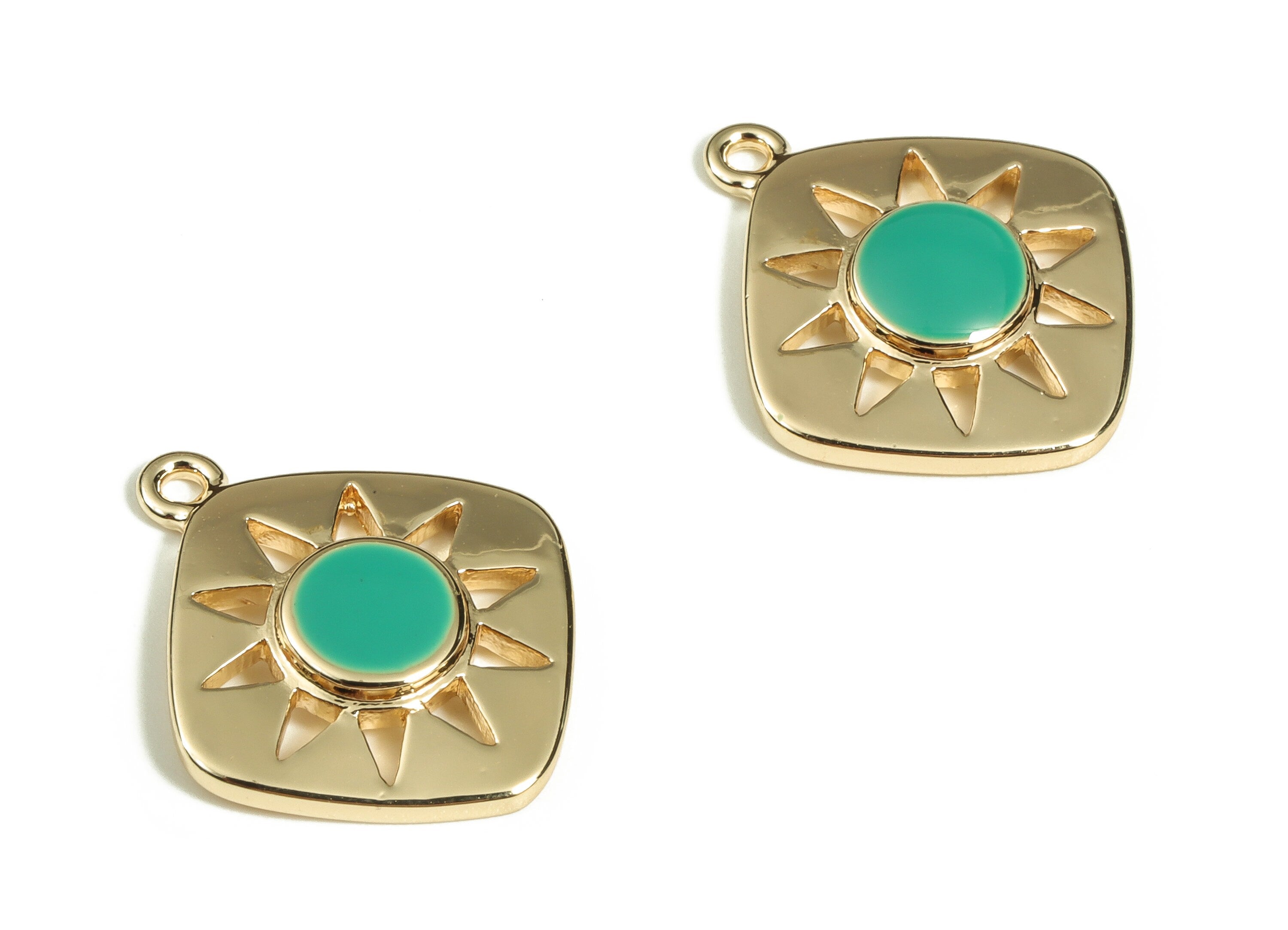 Brass Square Earring Charms - Gold Sun Pendant Charm - Enamel Charms - 18K Gold Plated Brass - Jewelry Supplies -16.5x14.2x2.6mm- RGP3528F - DOMEDBAZAAR