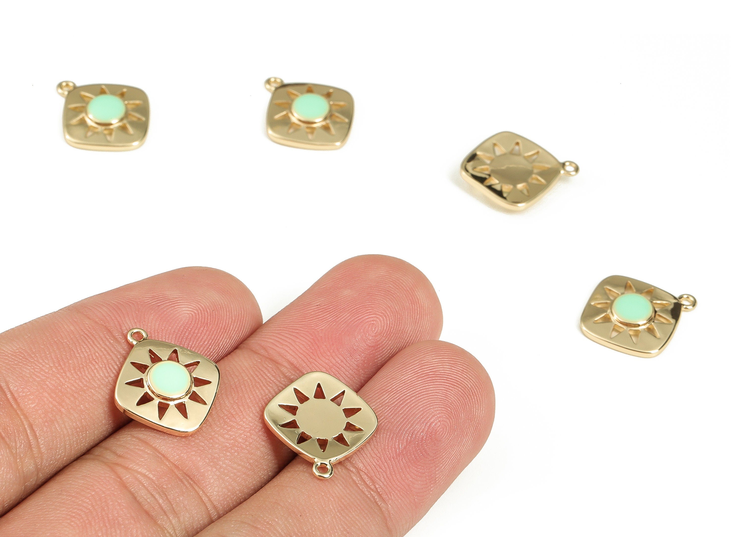 Brass Square Earring Charms - Gold Sun Pendant Charm - Enamel Charms - 18K Gold Plated Brass - Jewelry Supplies -16.5x14.2x2.6mm- RGP3528H - DOMEDBAZAAR