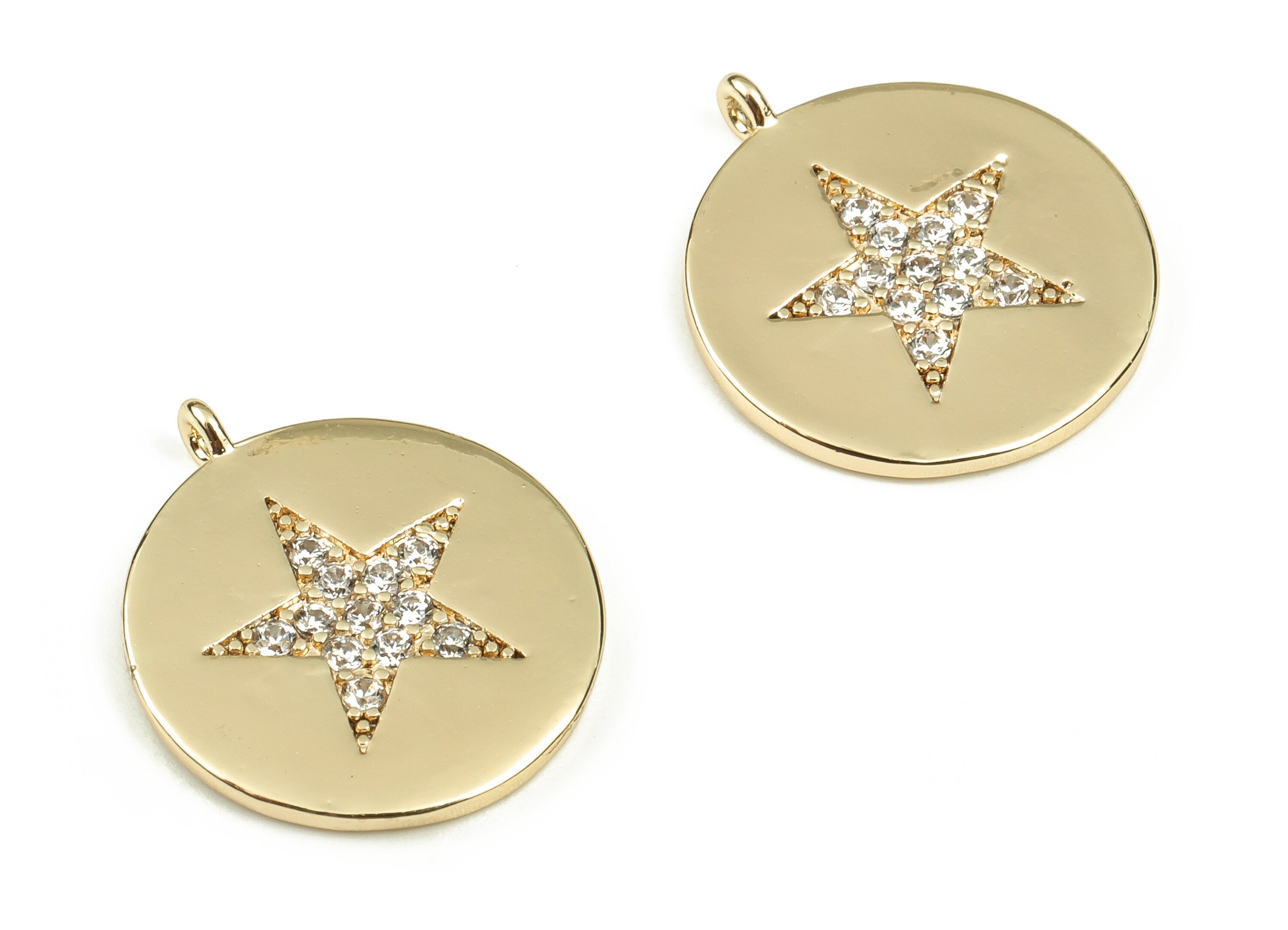 Brass Round Earring Charms With Zircons - Gold Star Pendant - 18K Real Gold Plated Brass - Jewelry Supplies - 16.68x14.58x1.53mm - RGP3537 - DOMEDBAZAAR