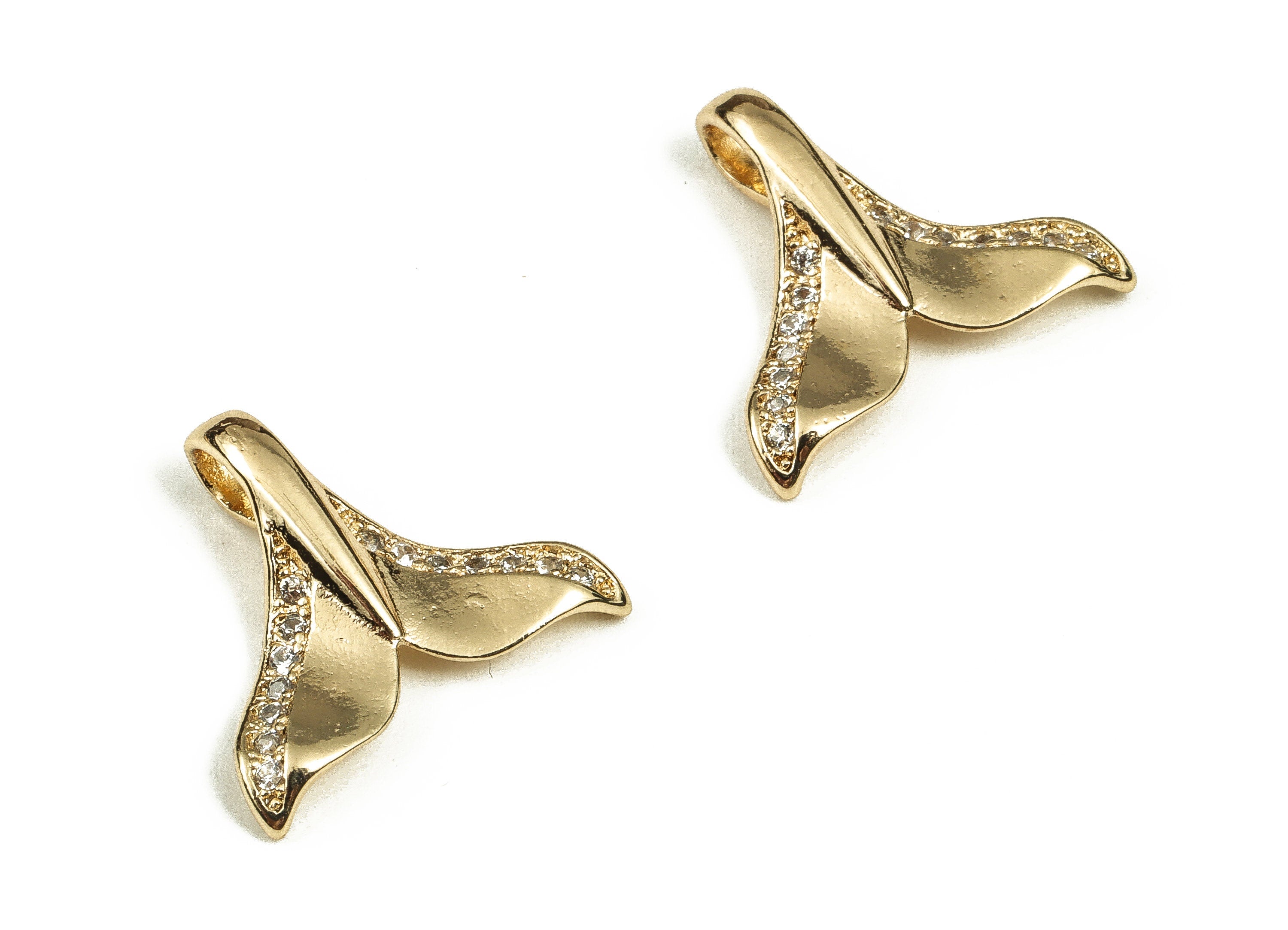 Brass Fish Tail Charm - Brass Fish Tail Pendant Charm with Zircons - 18K Gold Plated Brass - Jewelry Supplies -14.89x16.21x3.16mm- RGP3718 - DOMEDBAZAAR
