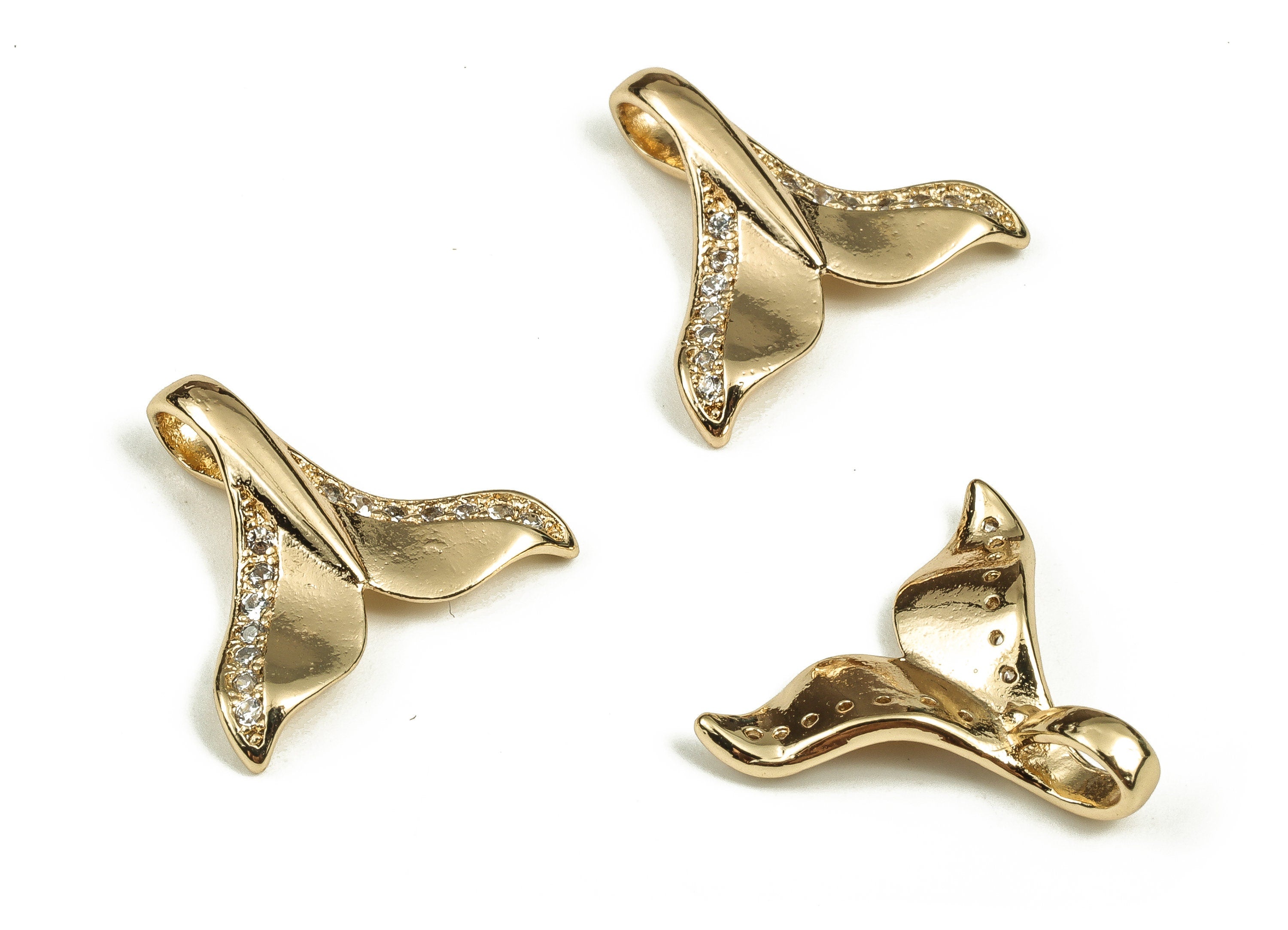 Brass Fish Tail Charm - Brass Fish Tail Pendant Charm with Zircons - 18K Gold Plated Brass - Jewelry Supplies -14.89x16.21x3.16mm- RGP3718 - DOMEDBAZAAR