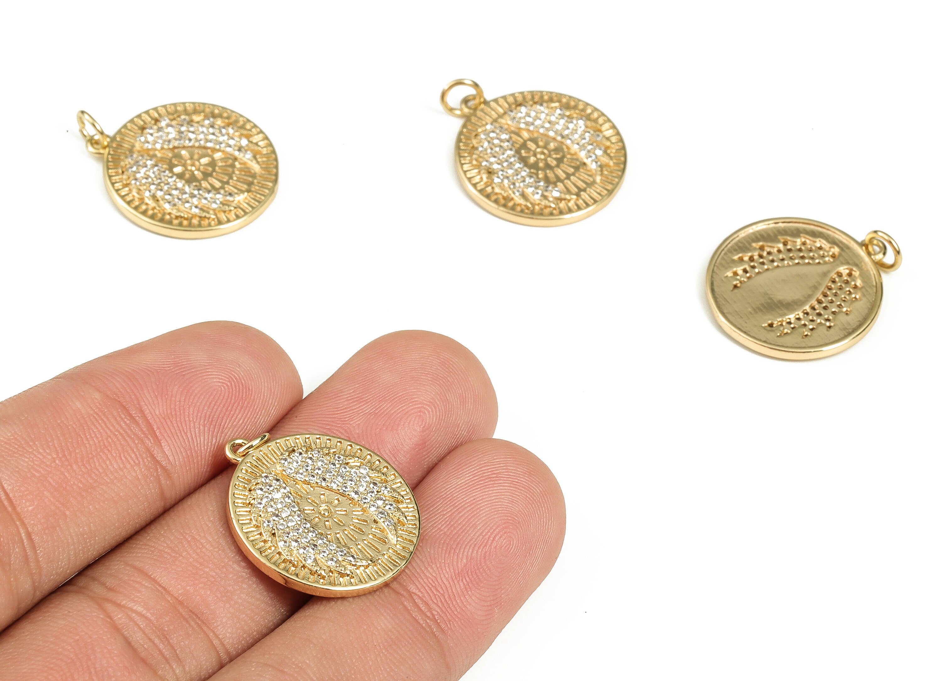 Brass Round Wing Earring Charms With Zircons - Gold Circle Pendant - 18K Real Gold Plated Brass - 21.85x19.63x1.96mm - RGP3556 - DOMEDBAZAAR