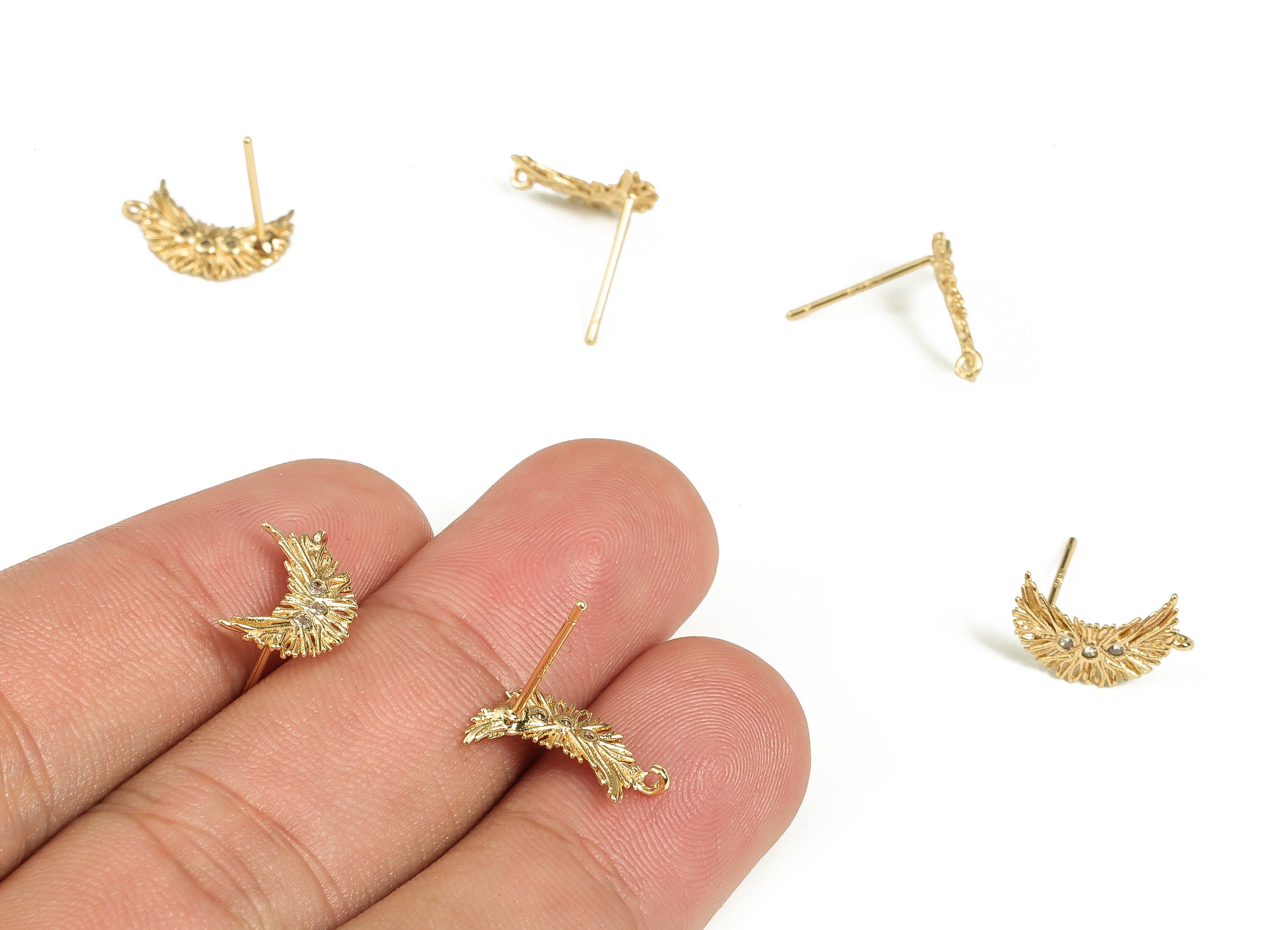 Brass Wing Earring Stud With Zircon - Gold Wing Earring Post - Brass Stud - 18K Real Gold Plated Brass – 14.5x8.6x1.15mm - RGP3462 - DOMEDBAZAAR