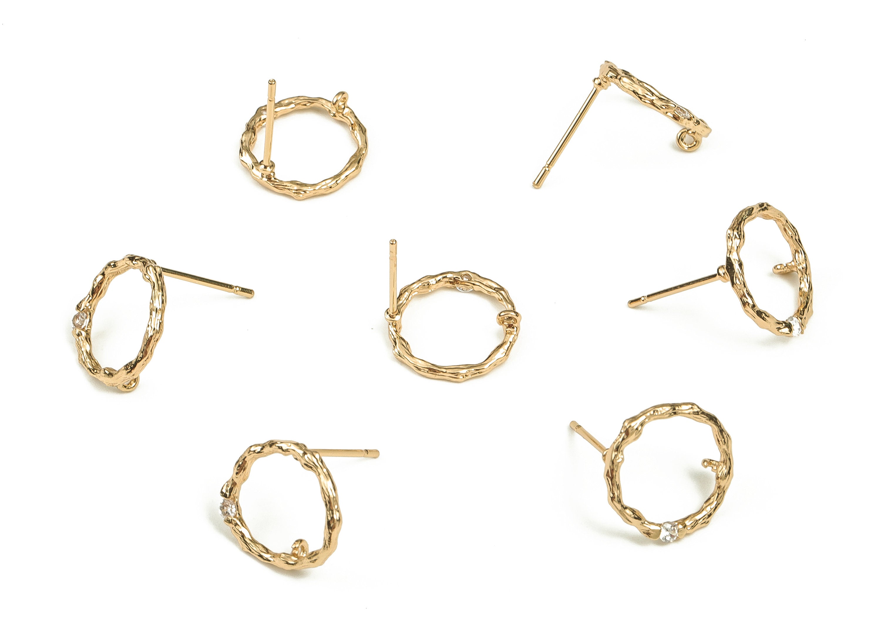 Brass Round Earrings Post with Zircons - Gold Circle Stud - 18K Real Gold Plated Brass - Stainless Steel Stud -13.91x11.92x1.78mm- RGP3702 - DOMEDBAZAAR