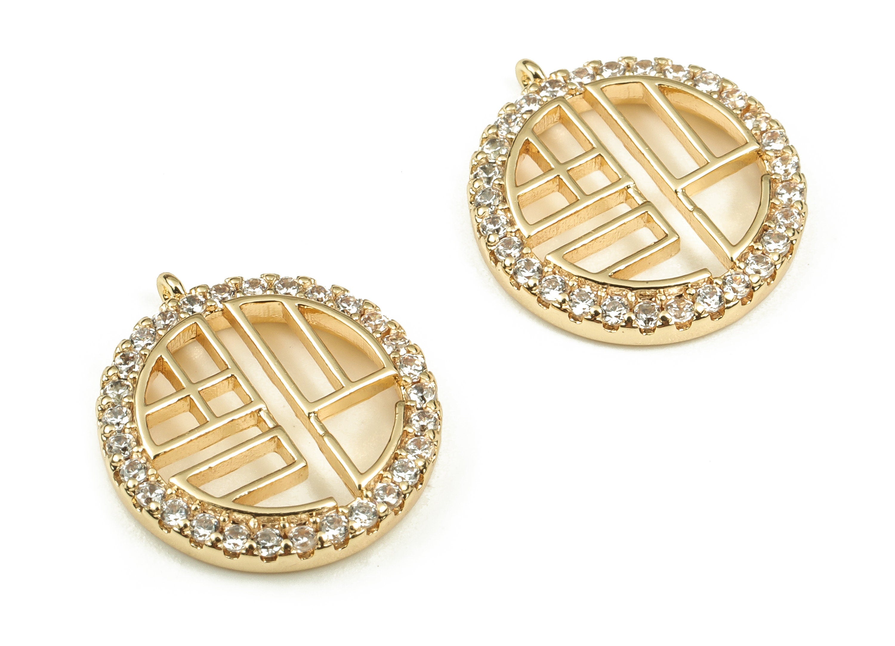 Brass Round Earring Charms With Zircons - Gold Hollow out Pendant - 18K Real Gold Plated Brass - Jewelry Supplies - 14x12.5x2.15mm- RGP3498 - DOMEDBAZAAR