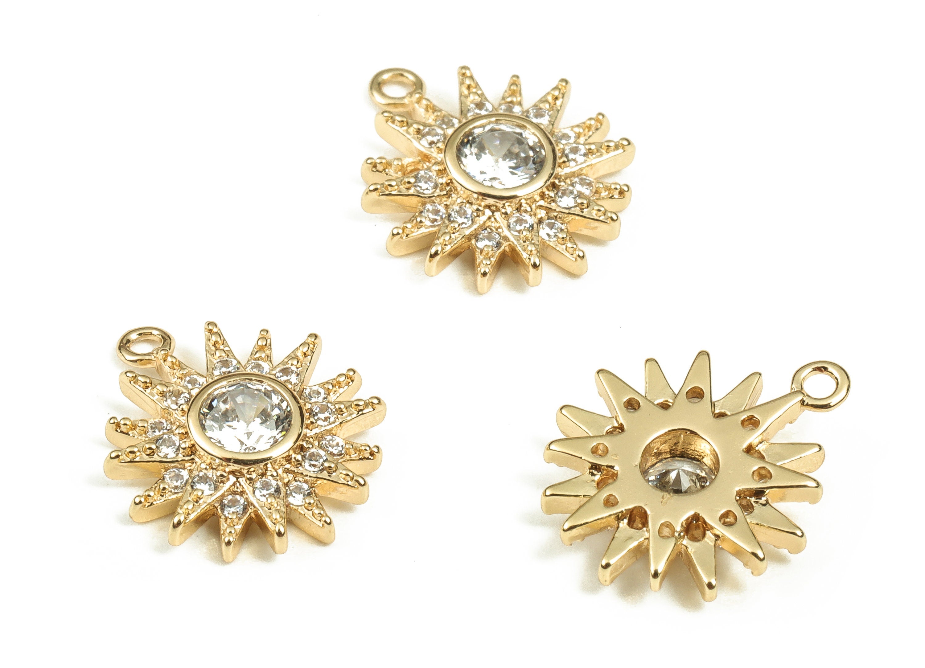 Brass Sun Earring Charms With Zircons - Gold Sun Pendant - 18K Real Gold Plated Brass - Jewelry Making Supplies - 12.96x10.9x2.8mm - RGP3697 - DOMEDBAZAAR