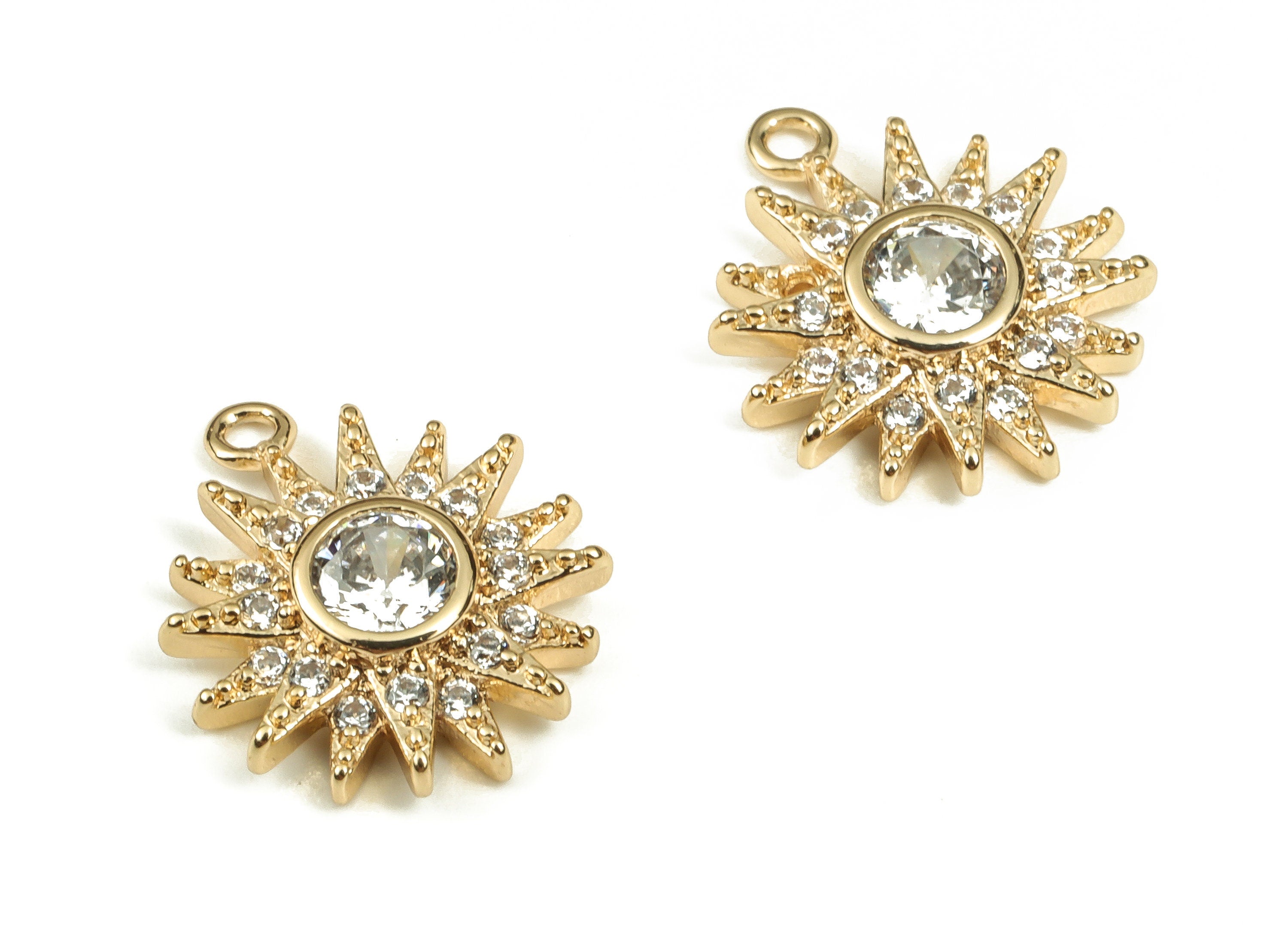 Brass Sun Earring Charms With Zircons - Gold Sun Pendant - 18K Real Gold Plated Brass - Jewelry Making Supplies - 12.96x10.9x2.8mm - RGP3697 - DOMEDBAZAAR