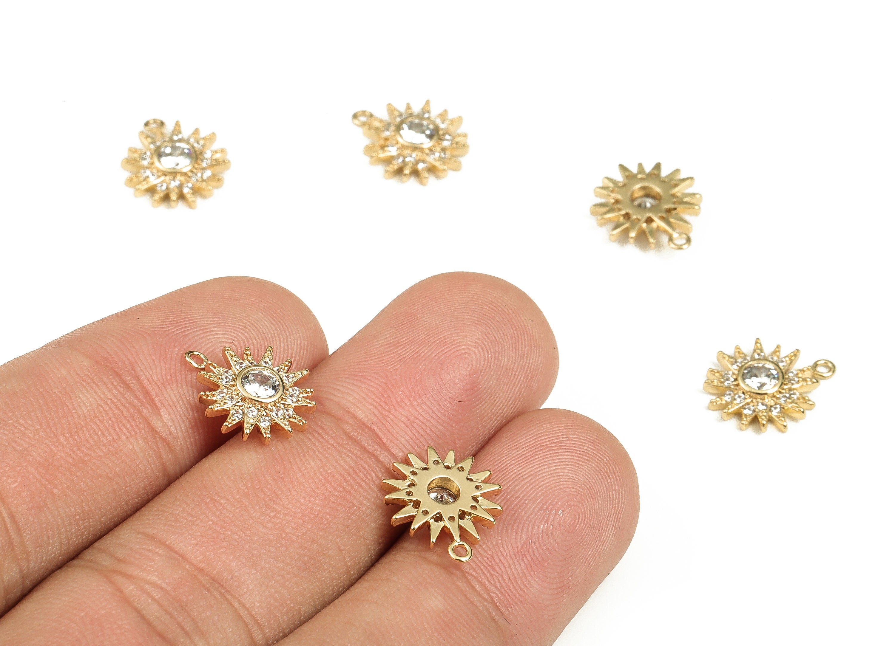 Brass Sun Earring Charms With Zircons - Gold Sun Pendant - 18K Real Gold Plated Brass - Jewelry Making Supplies - 12.96x10.9x2.8mm - RGP3697 - DOMEDBAZAAR