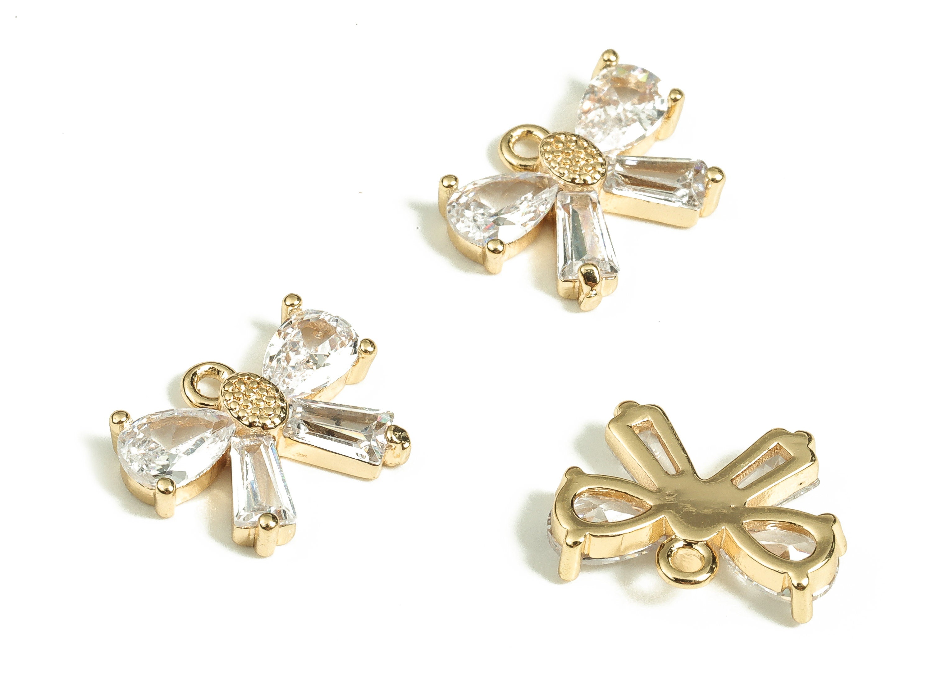 Brass Bow Earring Charms with Zircons - Gold Flower Pendant Charm - 18K Real Gold Plated Brass - Jewelry Supplies -10.15x13.7x3.1mm- RGP3512 - DOMEDBAZAAR