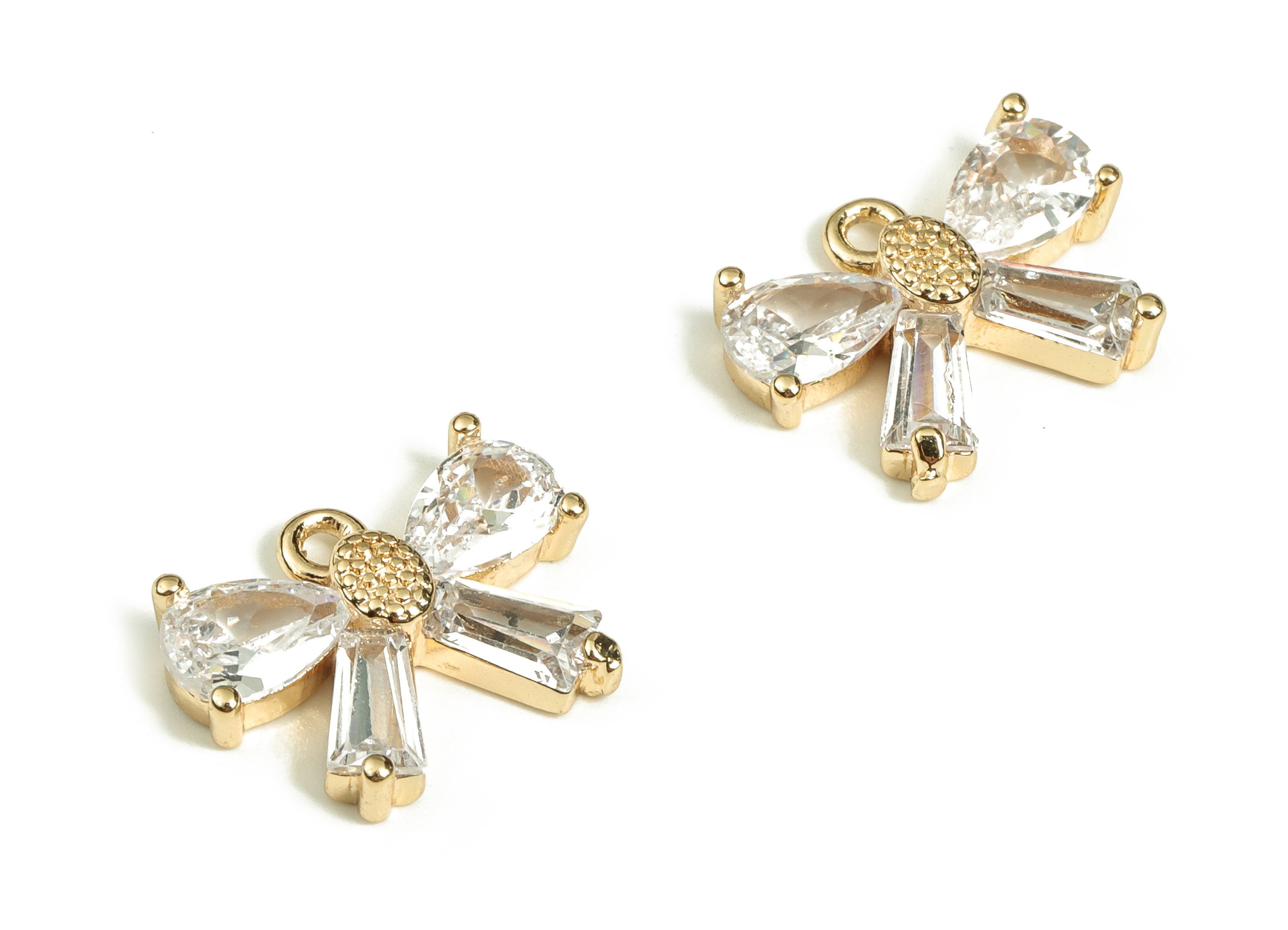 Brass Bow Earring Charms with Zircons - Gold Flower Pendant Charm - 18K Real Gold Plated Brass - Jewelry Supplies -10.15x13.7x3.1mm- RGP3512 - DOMEDBAZAAR