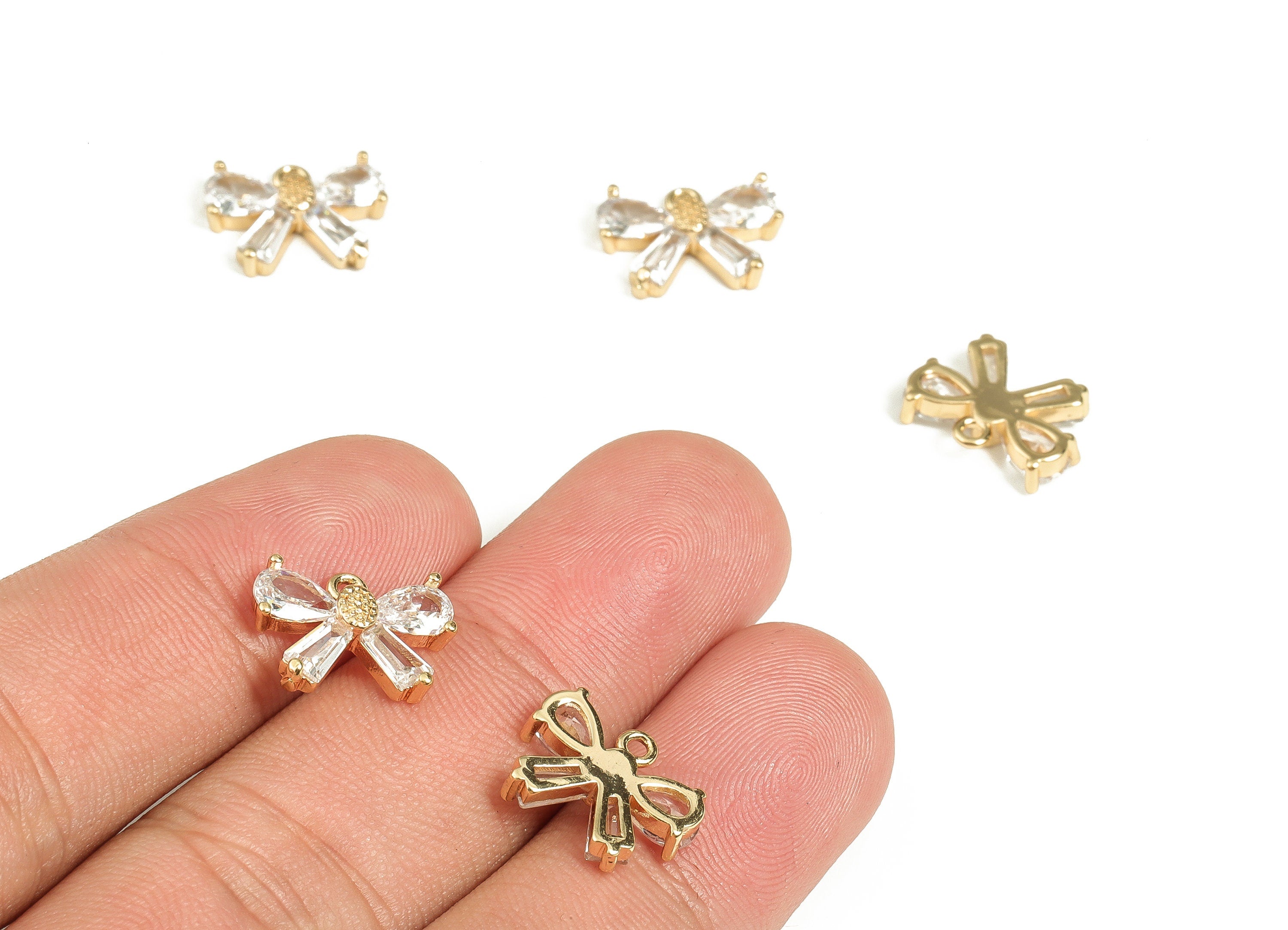 Brass Bow Earring Charms with Zircons - Gold Flower Pendant Charm - 18K Real Gold Plated Brass - Jewelry Supplies -10.15x13.7x3.1mm- RGP3512 - DOMEDBAZAAR