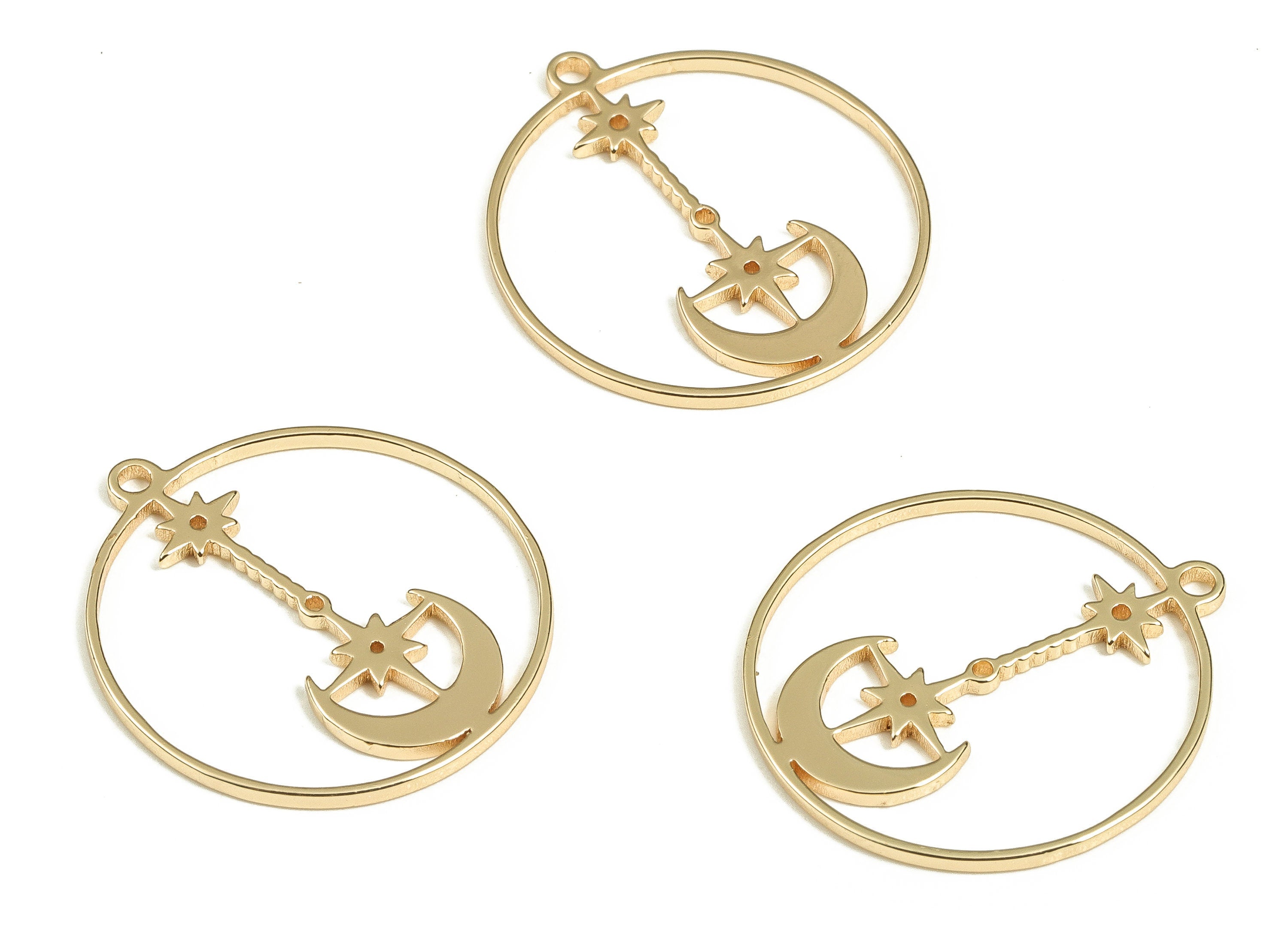 Brass Round Earring Charms - Gold Moon Star Pendant - 18K Real Gold Plated Brass - Jewelry Making Supplies - 21.88x19.84x1mm - RGP3731 - DOMEDBAZAAR