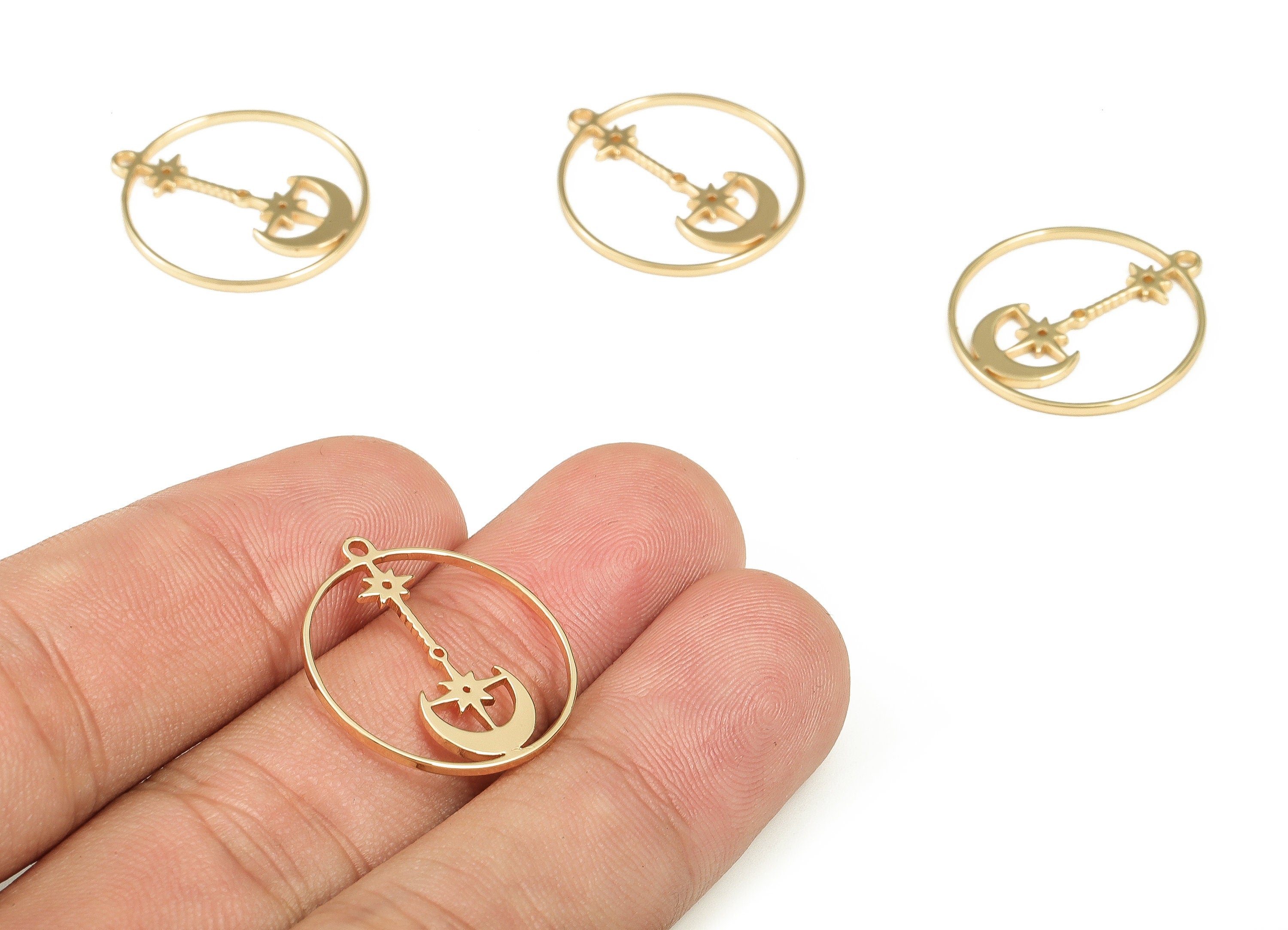 Brass Round Earring Charms - Gold Moon Star Pendant - 18K Real Gold Plated Brass - Jewelry Making Supplies - 21.88x19.84x1mm - RGP3731 - DOMEDBAZAAR