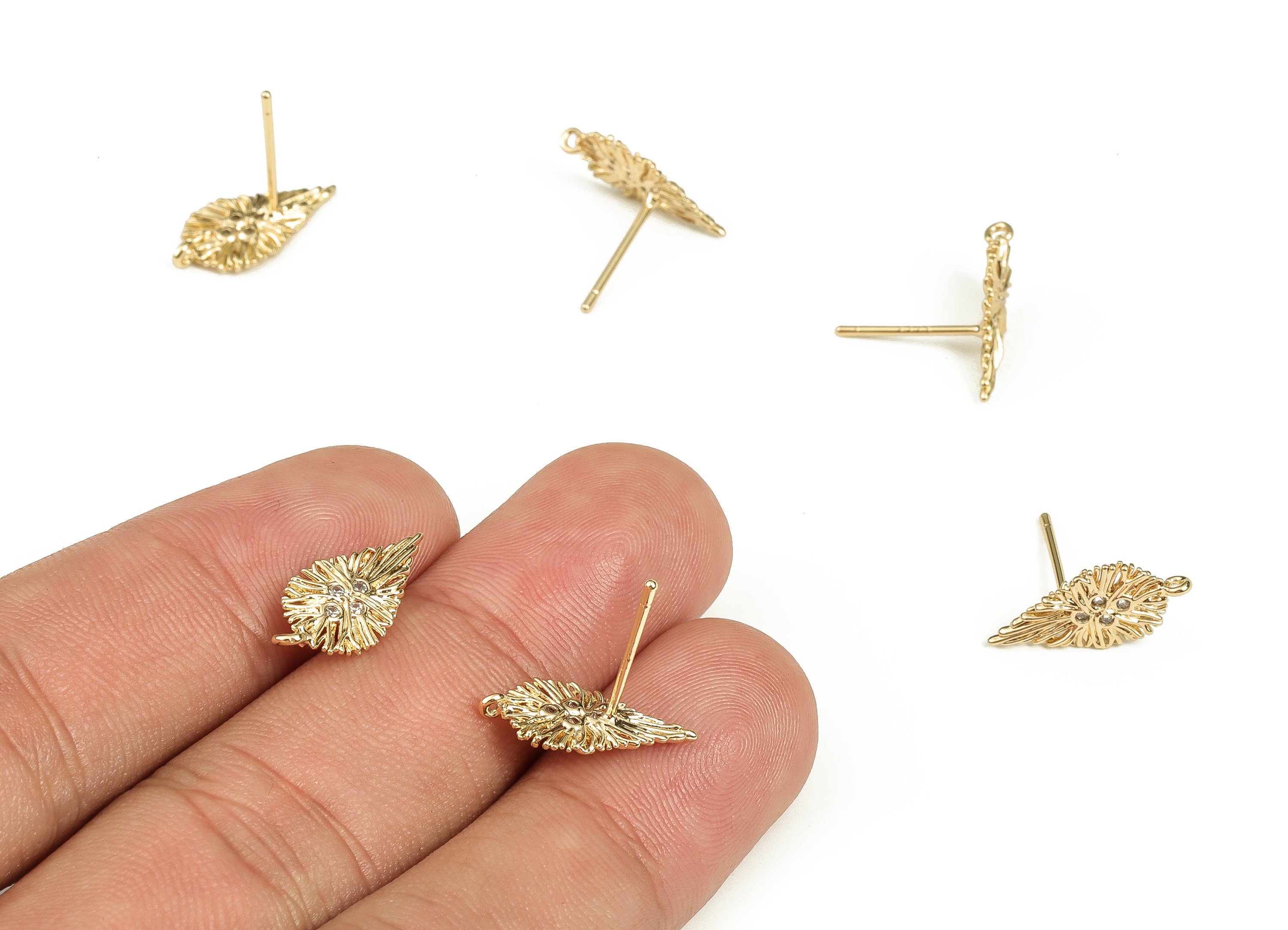 Brass Leaf Earring Stud with Zircon - Gold Plated Leaf Earring Post - Stainless Steel Stud - 18K Real Gold Plated Brass -17x8x1.1mm- RGP3515 - DOMEDBAZAAR