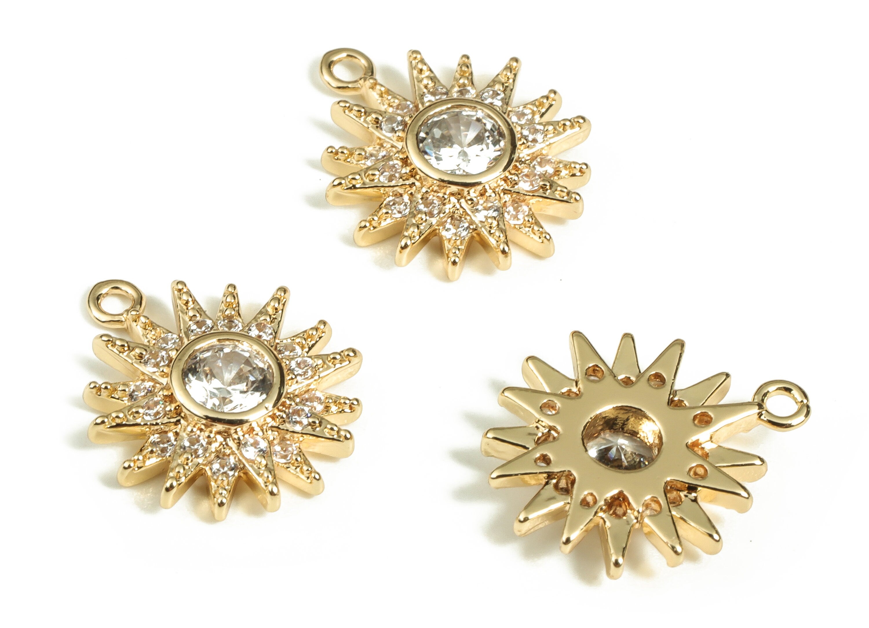 Brass Sun Earring Charms With Zircons - Gold Sun Pendant - 18K Real Gold Plated Brass - Jewelry Making Supplies - 13.09x10.7x2.8mm - RGP3572 - DOMEDBAZAAR