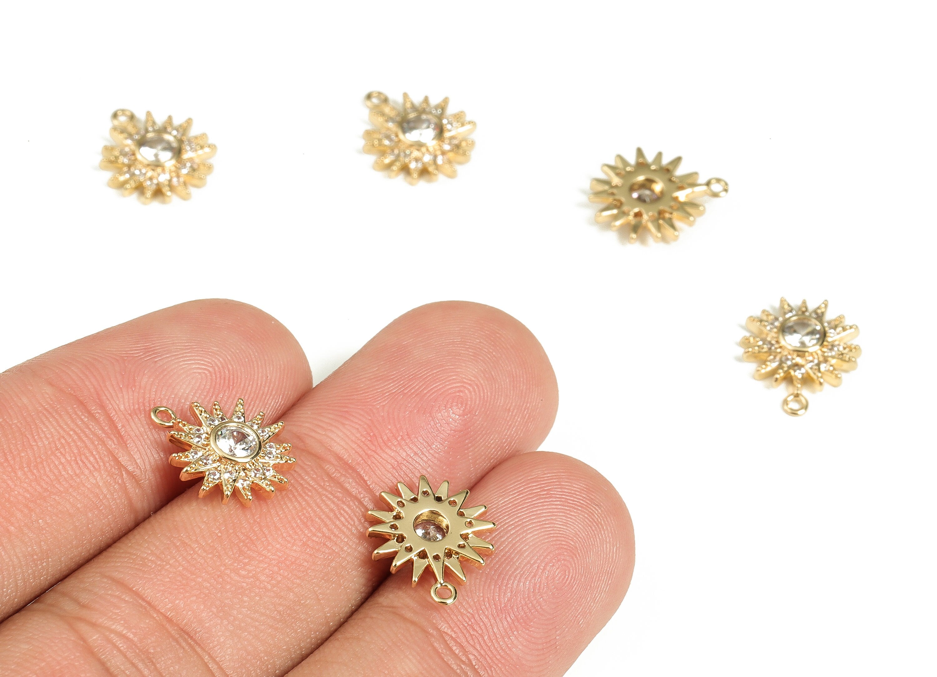 Brass Sun Earring Charms With Zircons - Gold Sun Pendant - 18K Real Gold Plated Brass - Jewelry Making Supplies - 13.09x10.7x2.8mm - RGP3572 - DOMEDBAZAAR