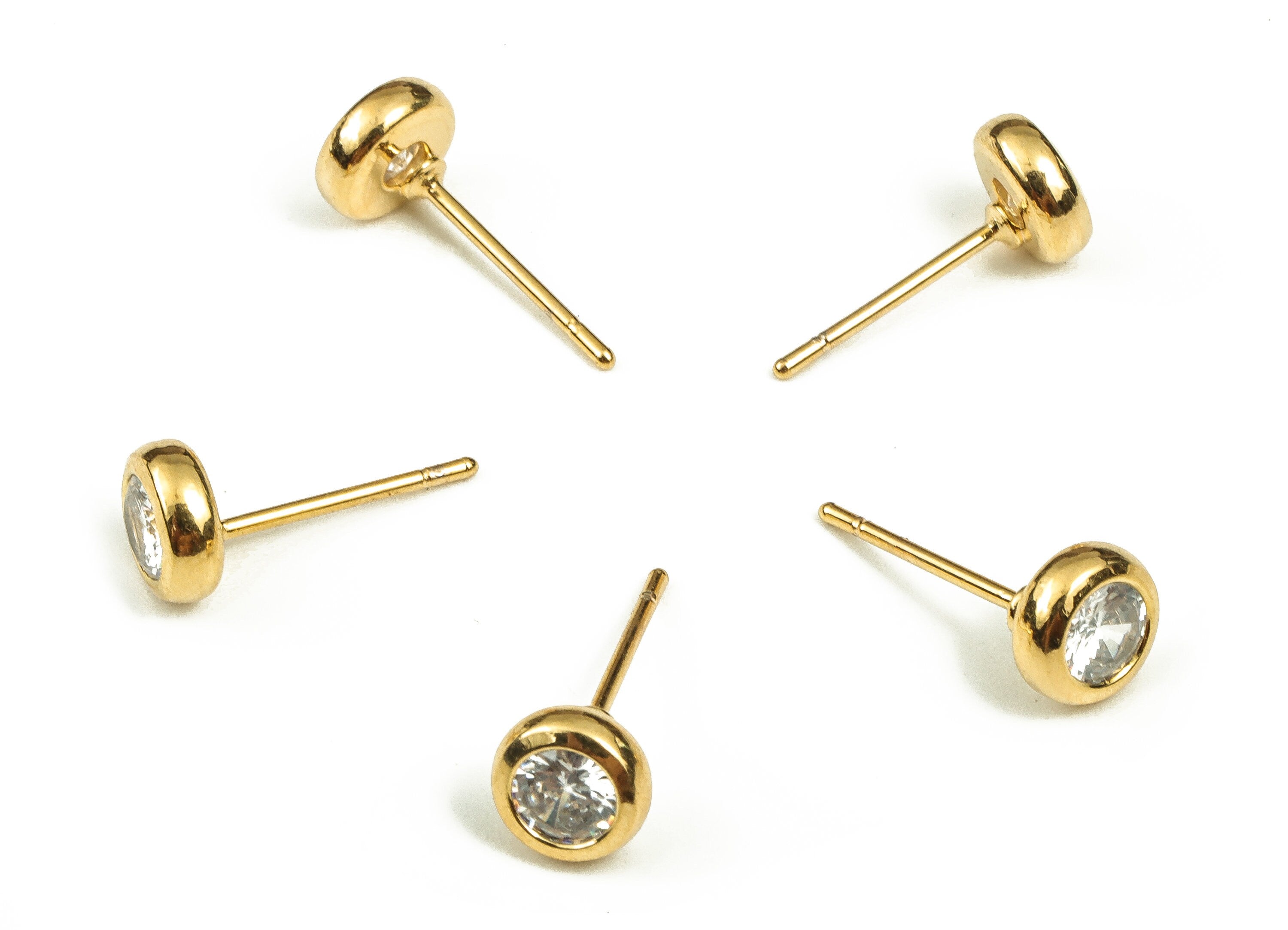 Brass Round Earring Stud With Zircon - Gold Circle Earring Post - Stainless Steel Stud- 18K Gold Plated Brass -6.08x6.08x3.26mm- RGP3706 - DOMEDBAZAAR