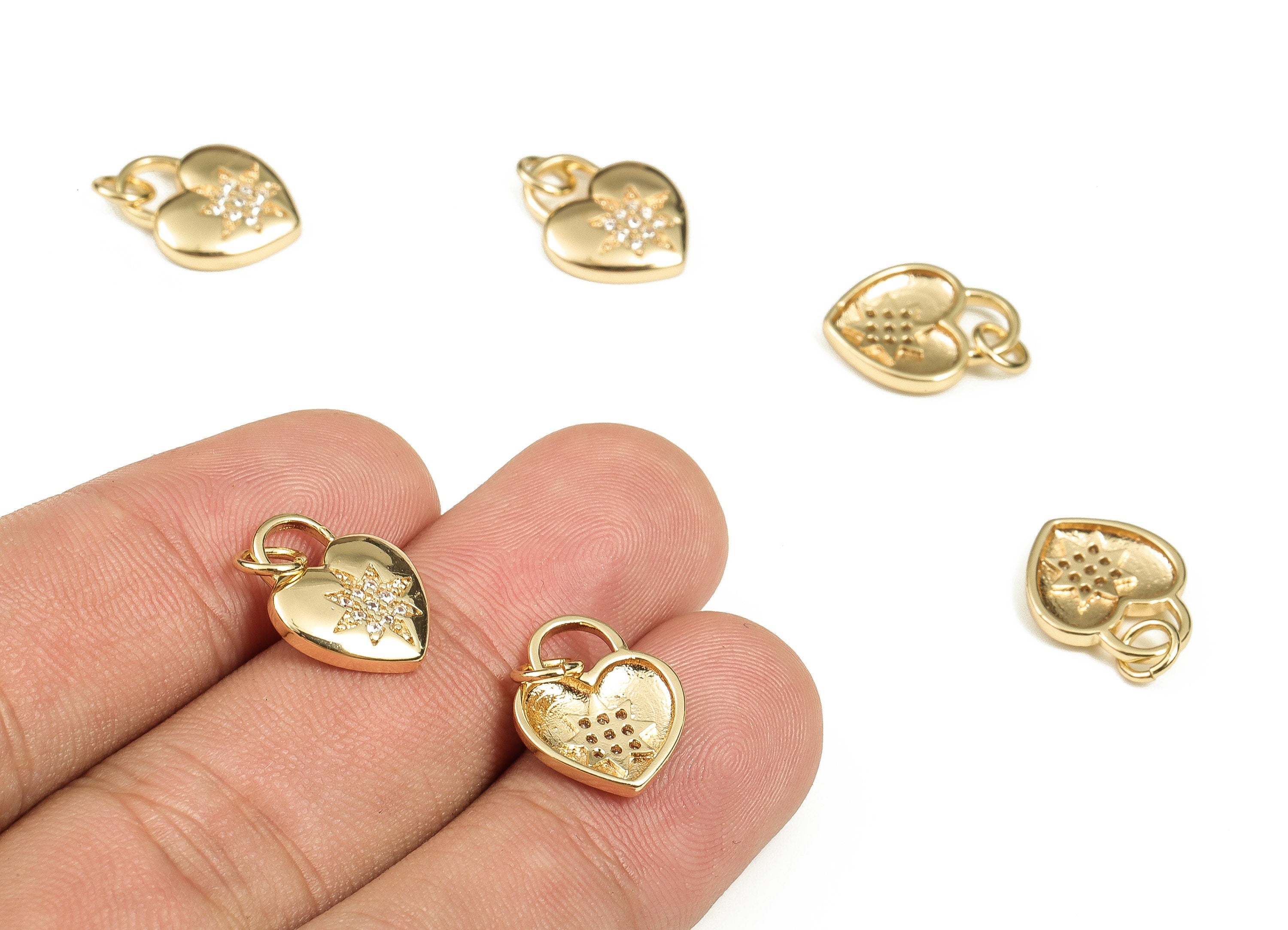 Brass Heart Earring Charms With Zircons - Gold Star Pendant - 18K Real Gold Plated Brass - Jewelry Supplies - 17.42x11.98x2.4mm - RGP3713 - DOMEDBAZAAR