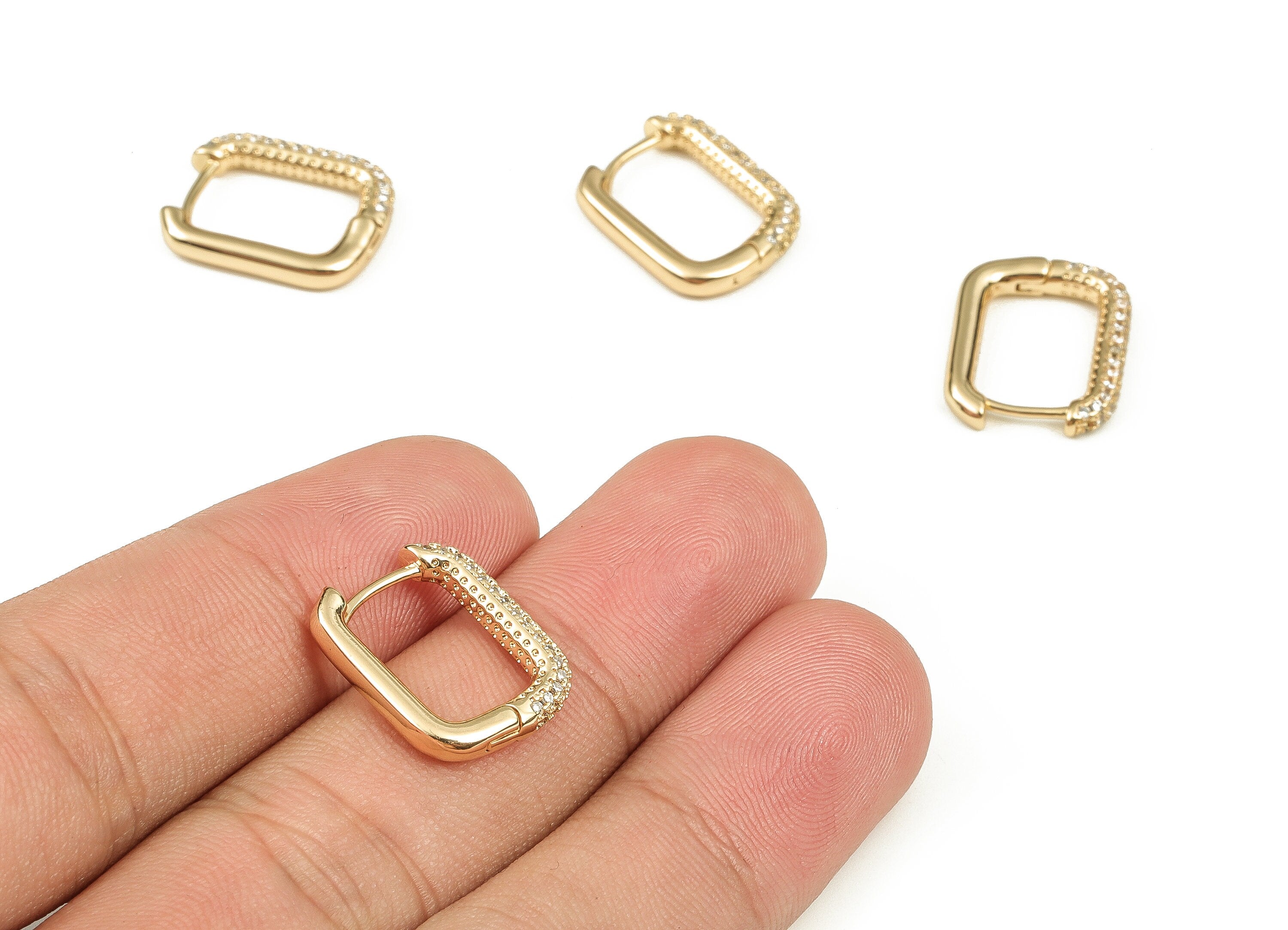 Brass Rectangle Hoop Earrings - Huggie Hoop Earrings with Zircons - Dainty Hoop Earrings - 18k Gold Plated Brass -17.21x13.41x2.7mm- RGP3714 - DOMEDBAZAAR