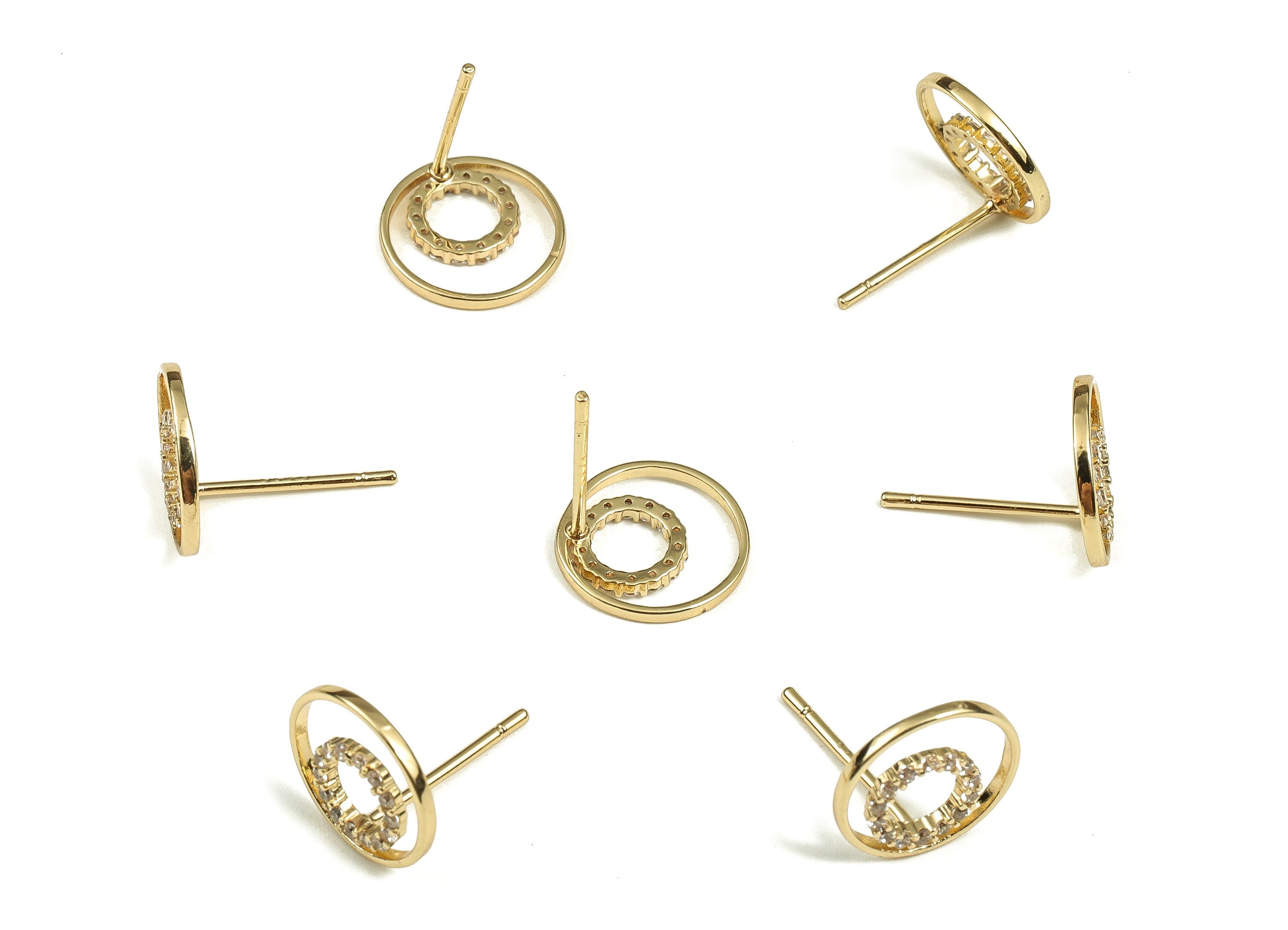 Brass Round Earring Stud With Zircons - Gold Circle Post - Stainless Steel Stud - 18K Real Gold Plated Brass – 10.98x10.77x1.76mm - RGP3703 - DOMEDBAZAAR