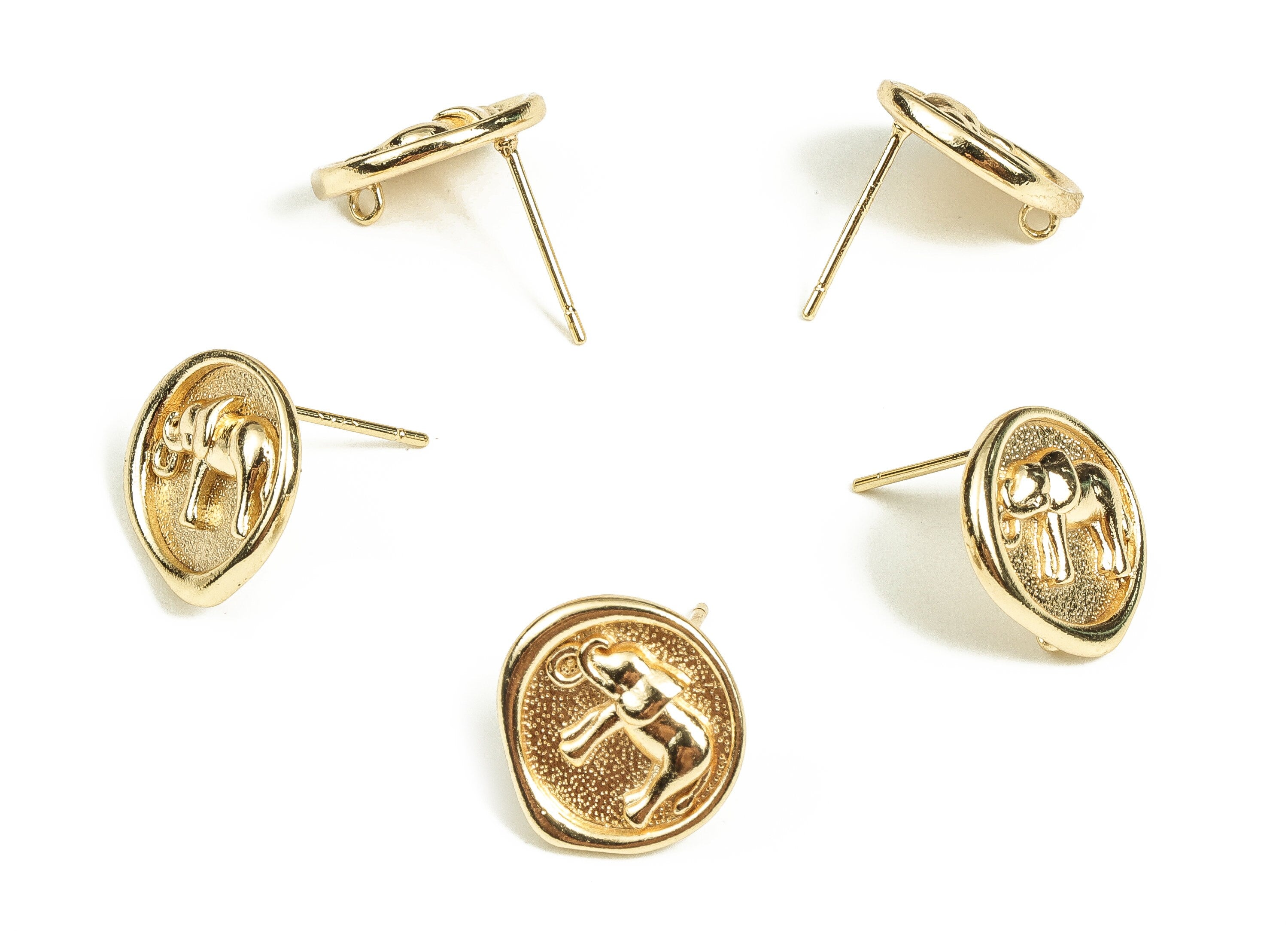 Brass Round Earring Post - Gold Elephant Stud - 18K Real Gold Plated - Stainless Steel Stud - Jewelry Supplies - 13.74x13.7x2.3mm - RGP3708 - DOMEDBAZAAR