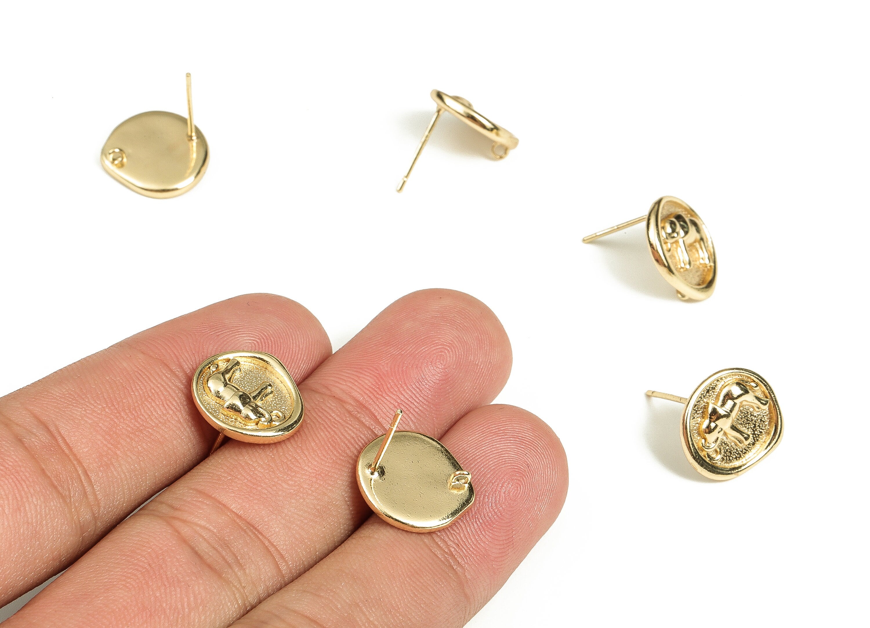 Brass Round Earring Post - Gold Elephant Stud - 18K Real Gold Plated - Stainless Steel Stud - Jewelry Supplies - 13.74x13.7x2.3mm - RGP3708 - DOMEDBAZAAR