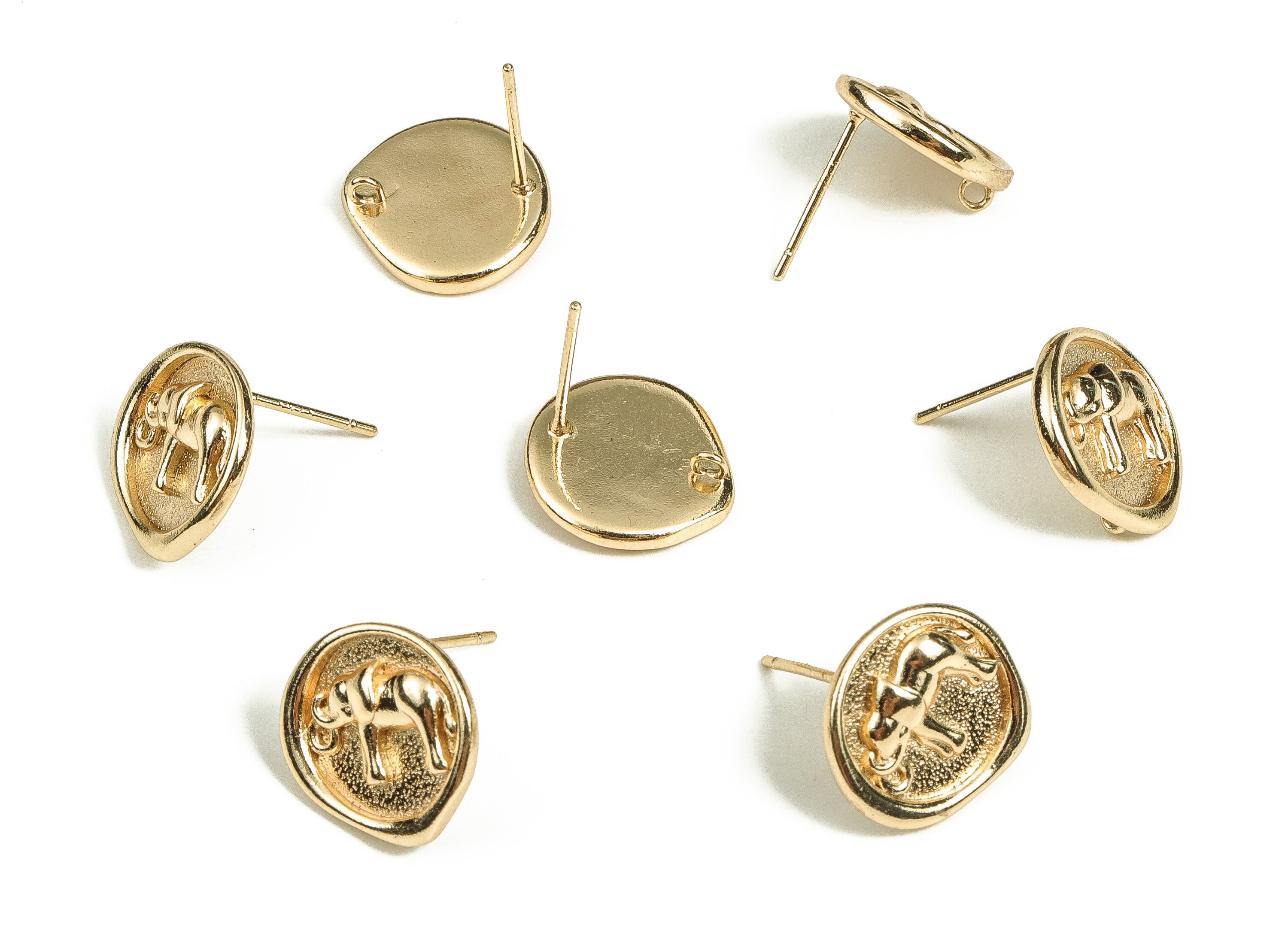 Brass Round Earring Post - Gold Elephant Stud - 18K Real Gold Plated - Stainless Steel Stud - Jewelry Supplies - 13.74x13.7x2.3mm - RGP3708 - DOMEDBAZAAR