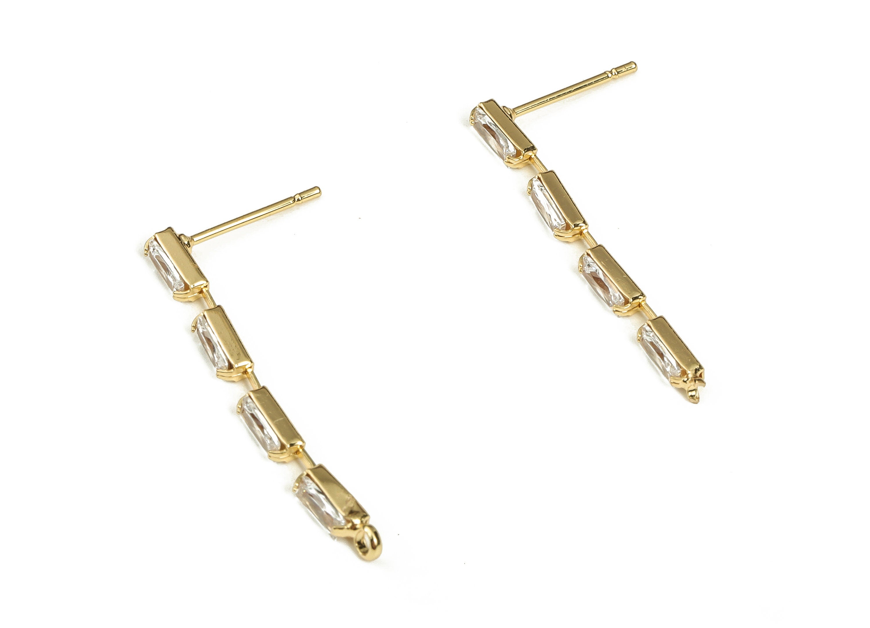 Brass Dangle Earring Stud with Zircons - Gold Rectangle Chain Post - Brass Stud - 18K Real Gold Plated Brass -31.19x2.52x2.7mm- RGP3560 - DOMEDBAZAAR