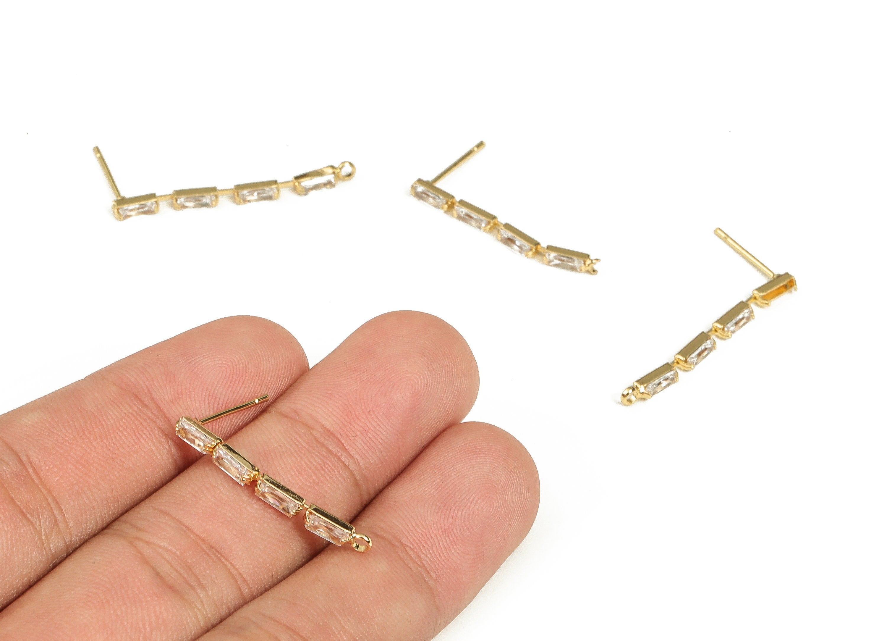 Brass Dangle Earring Stud with Zircons - Gold Rectangle Chain Post - Brass Stud - 18K Real Gold Plated Brass -31.19x2.52x2.7mm- RGP3560 - DOMEDBAZAAR