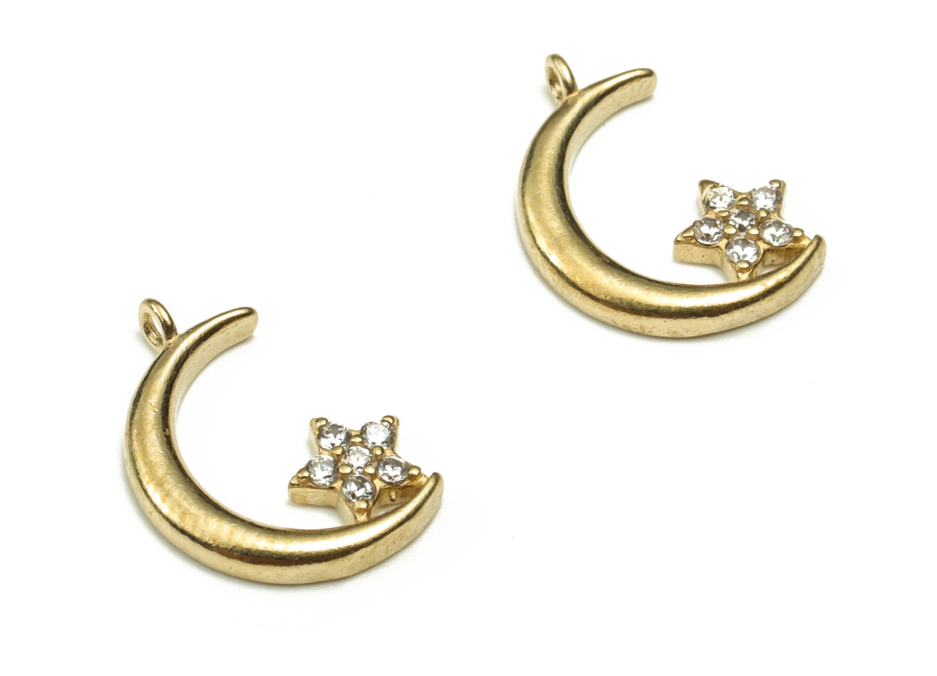 Brass Crescent Earring Charms With Zircons - Raw Brass Moon Star Pendant - Earring Finding - Jewellery Supplies - 12.8x8.8x1.6mm - PP4447 - DOMEDBAZAAR