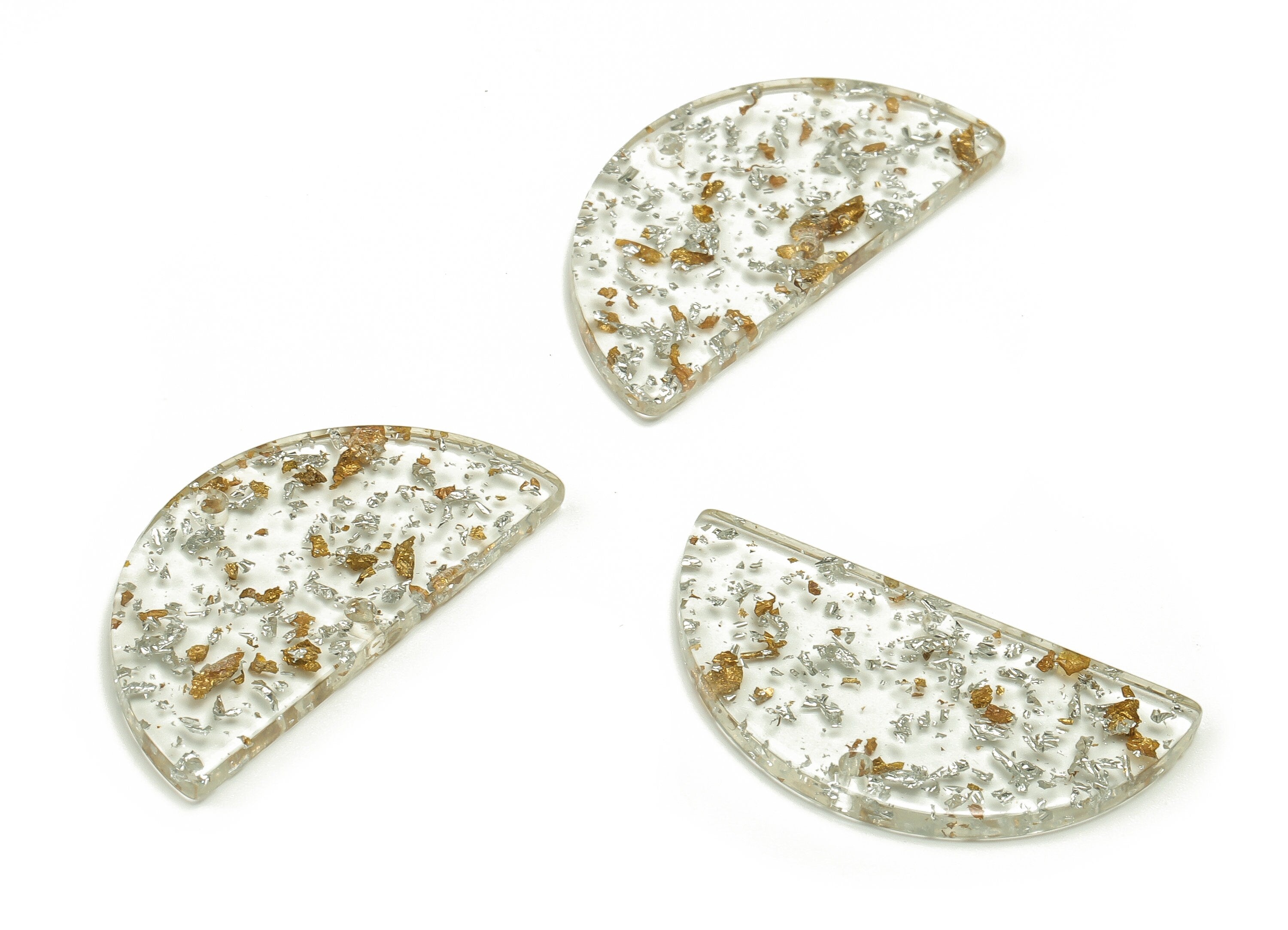 Acrylic Semicircle Earring Connectors - Acrylic Half Moon Charms - Gold Silver Foil & Confetti - Color Code:A434-33.5x16.8x2.4mm-AC1218-A501 - DOMEDBAZAAR