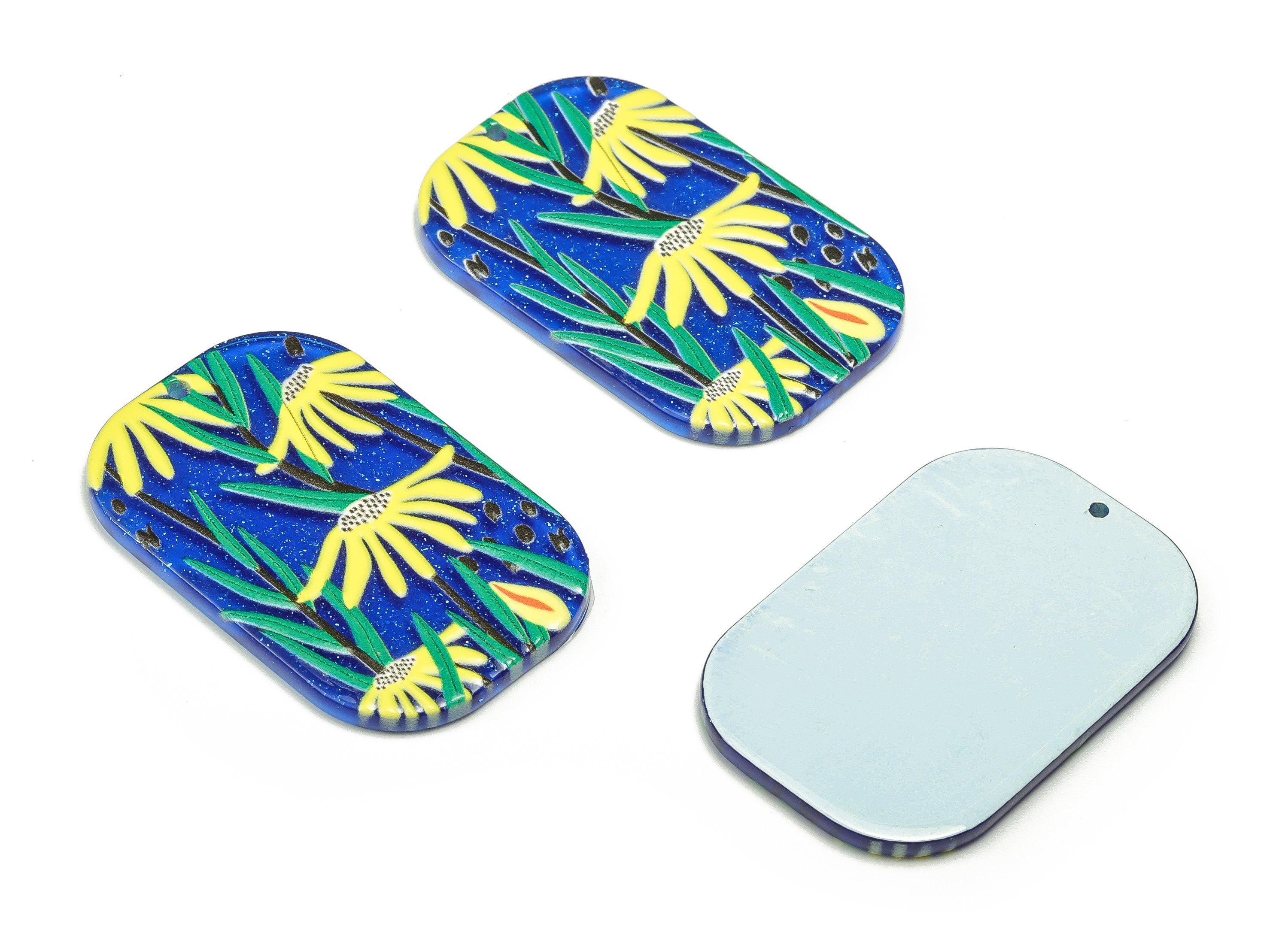 Acrylic Rectangle Charm - Flower Blue Pendant Charm - Rectangle Earring Charm - DIY Jewelry Making Supplies - 39.98x26.14x2.49mm - AC2318 - DOMEDBAZAAR