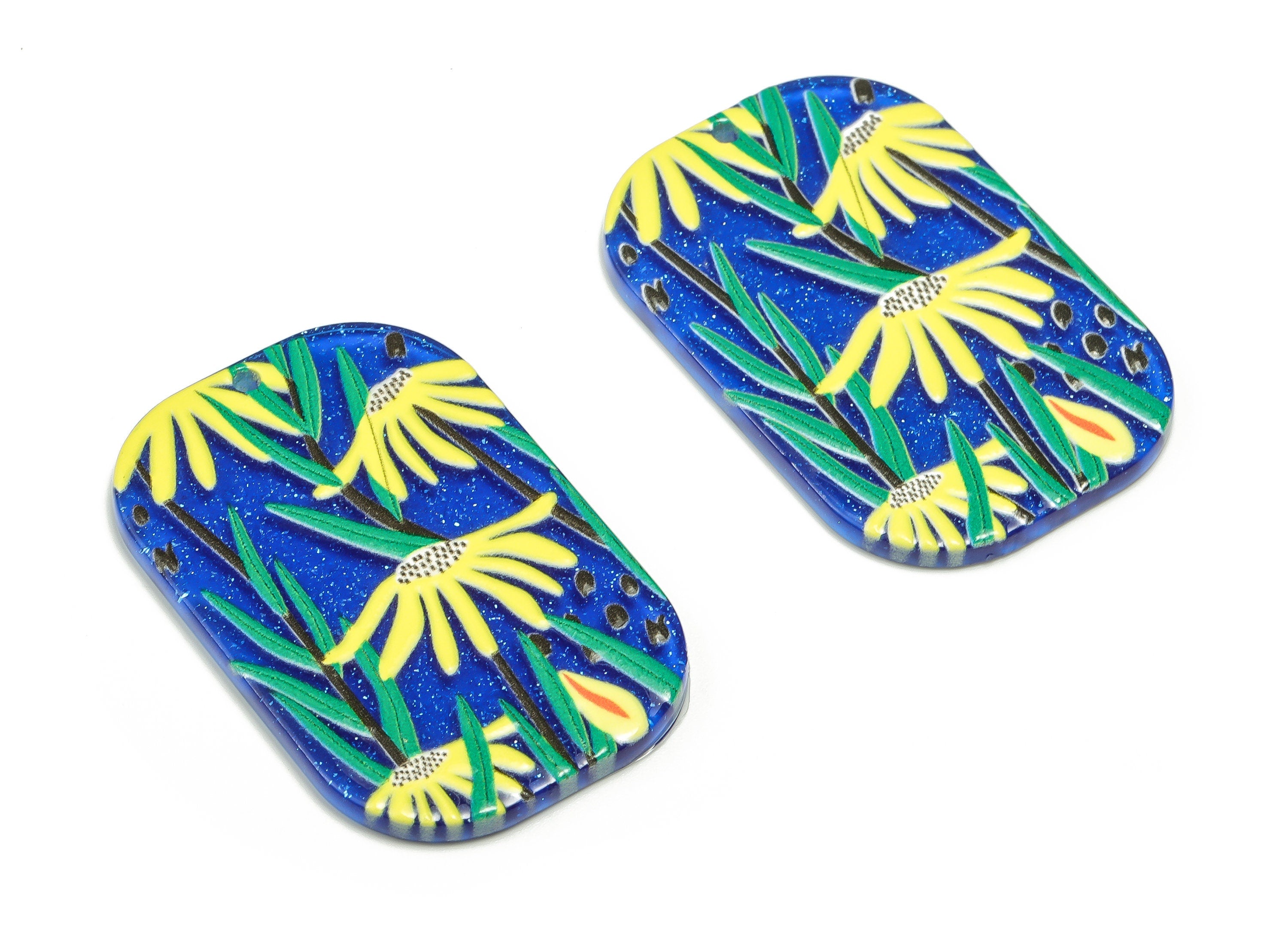 Acrylic Rectangle Charm - Flower Blue Pendant Charm - Rectangle Earring Charm - DIY Jewelry Making Supplies - 39.98x26.14x2.49mm - AC2318 - DOMEDBAZAAR