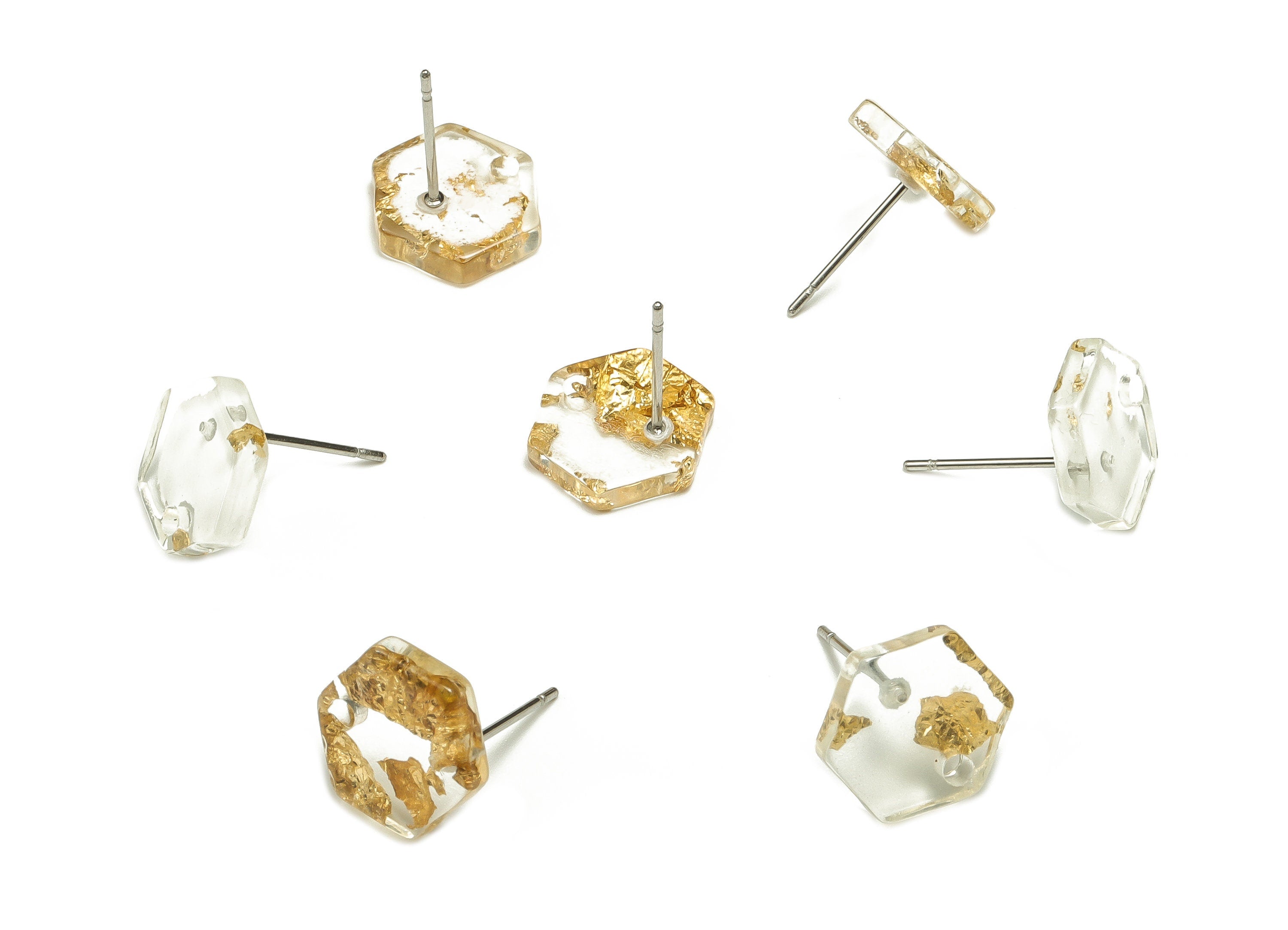 Acrylic Hexagon Earring Stud - Hexagon Post - Gold Foil & Confetti - Jewelry Supplies - Color Code: A255 - 12.36x11.81x2.36mm - AC1633-A255 - DOMEDBAZAAR