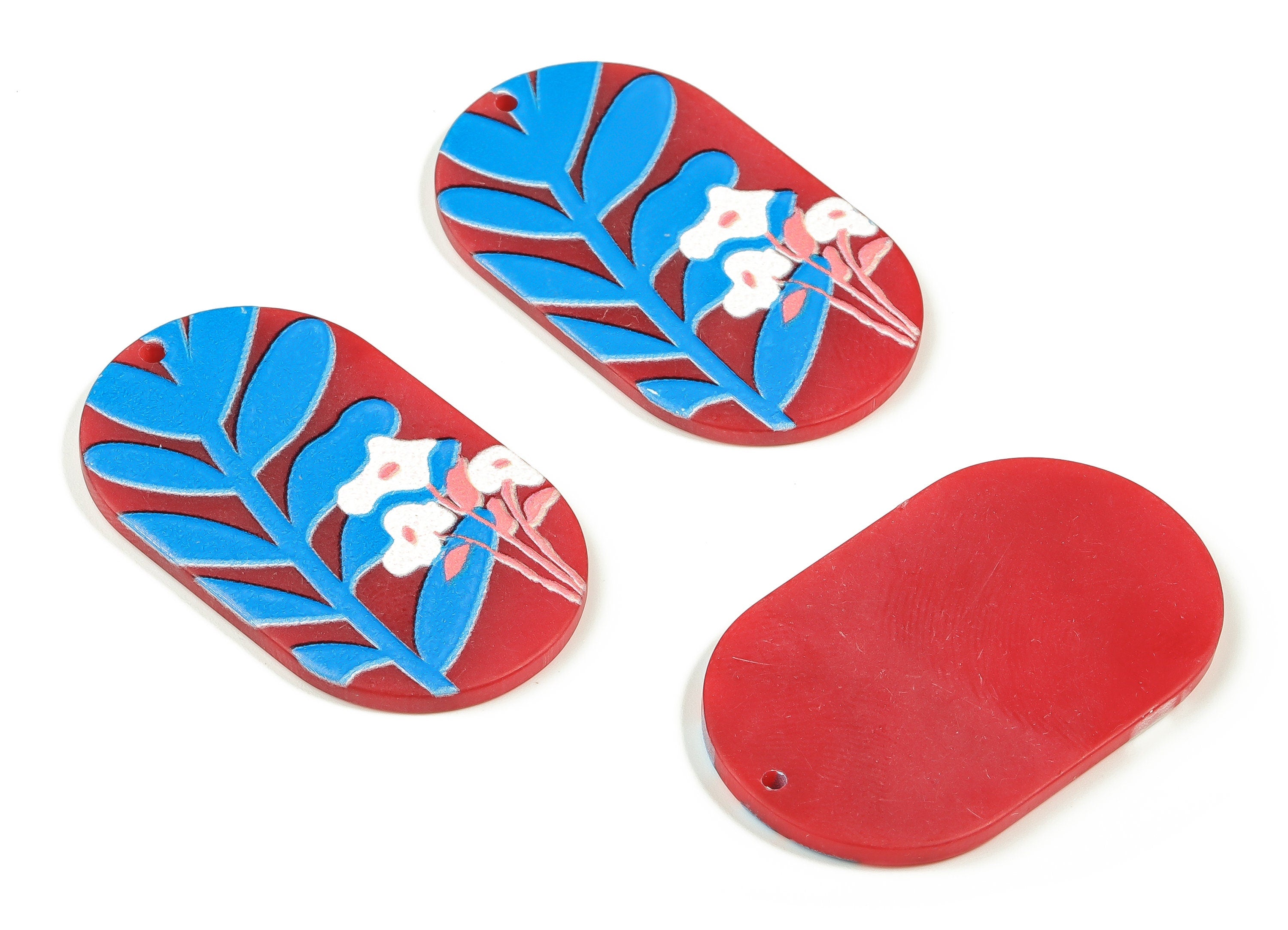 Acrylic Oval Earrings Charms - Acrylic Oval Blue Leaves Pendant - Jewelry Supplies - Earring Findings - 39.62x23.96x2.04mm - AC2315 - DOMEDBAZAAR