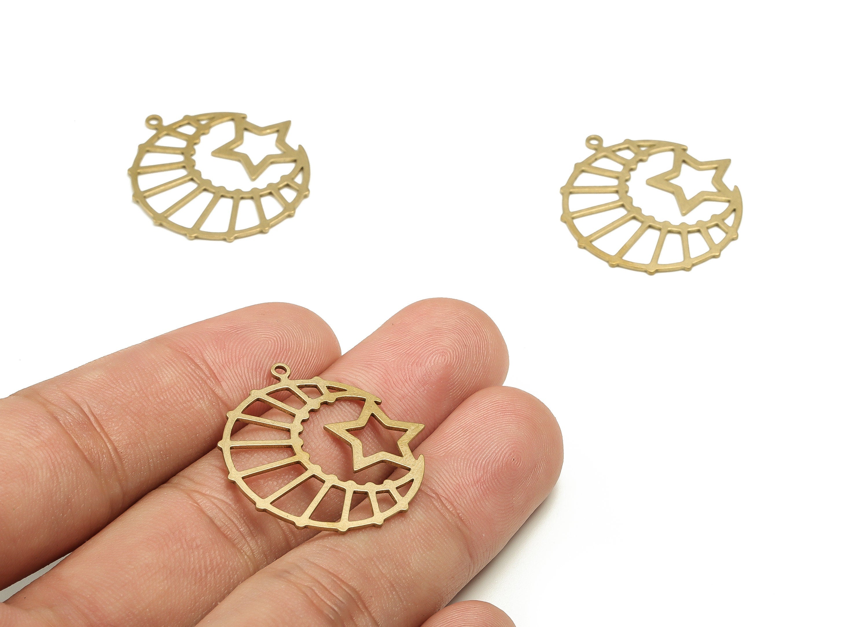 Brass Crescent Earring Charms - Raw Brass Moon Star Pendant - Earring Findings - Jewelry Making Supplies - 28.8x27.6x0.8mm - PP4592 - DOMEDBAZAAR