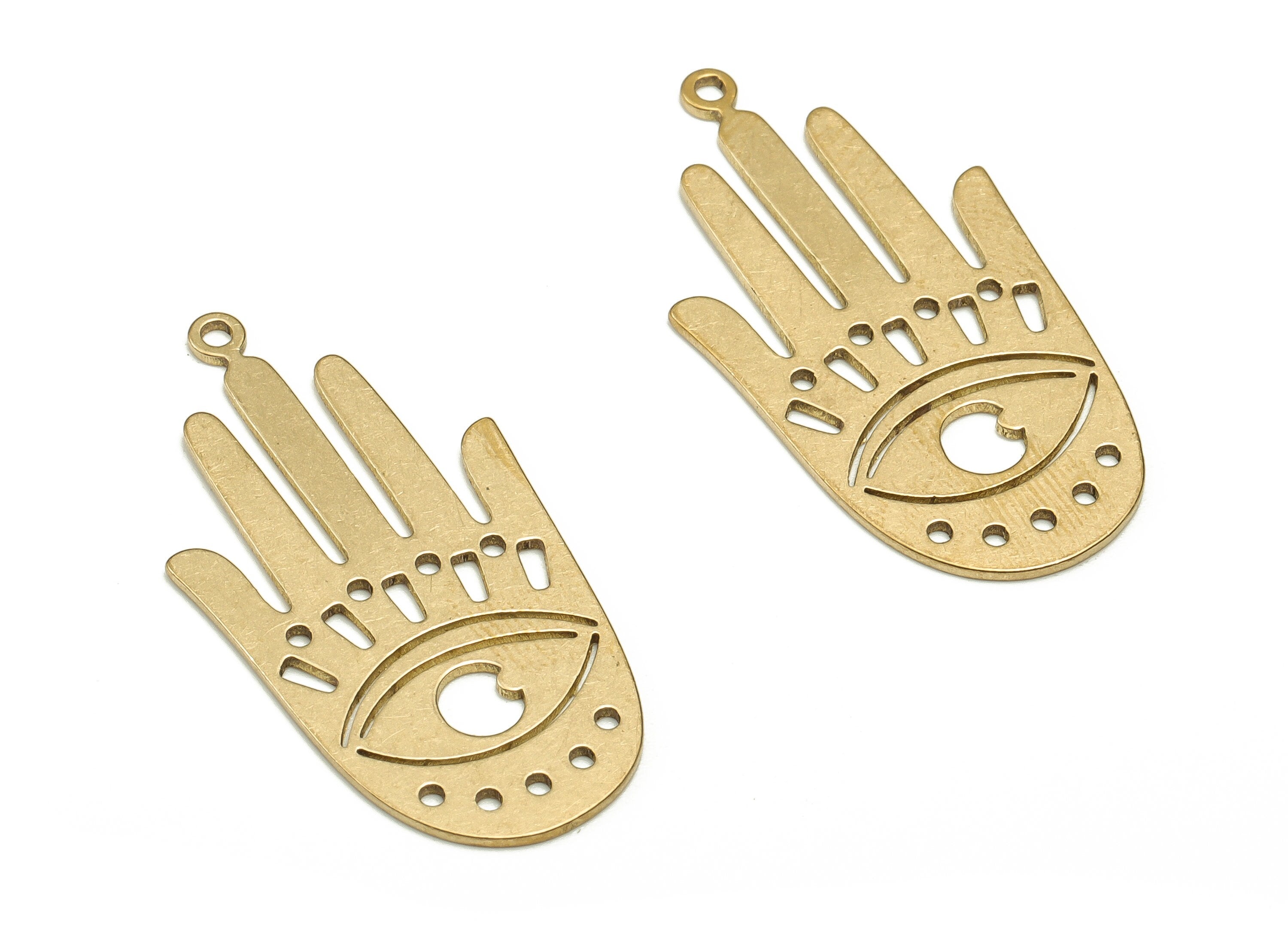 Brass Hand Eye Earring Charms - Raw Brass Hand Eye Pendant - Earring Findings  - Jewelry Making Supplies - 31.7x16.45x0.7mm - PP4575 - DOMEDBAZAAR