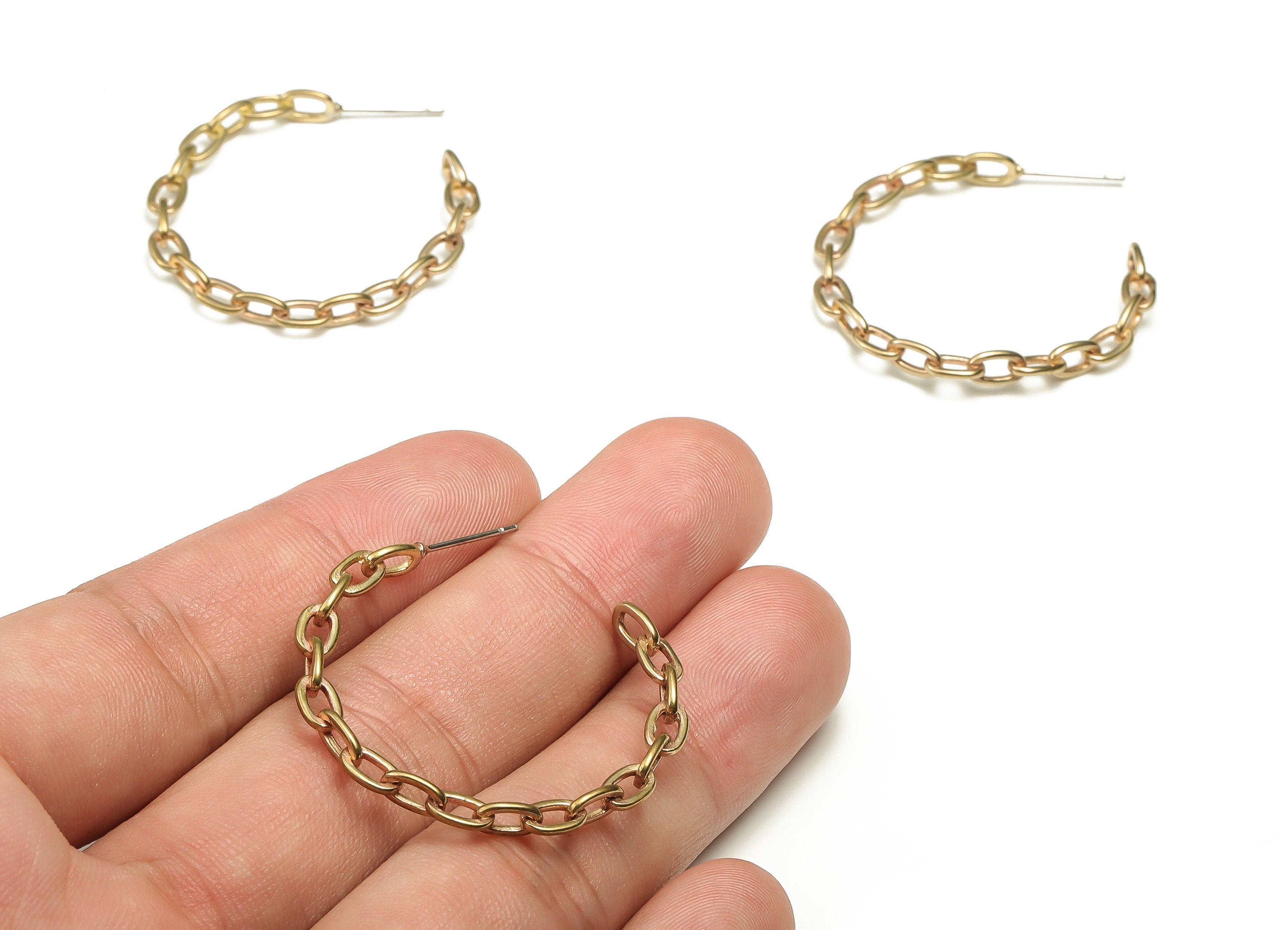 Brass Chain C Earring Post - Raw Brass Round Cable Chain C Earring Stud - Earring Findings - Jewelry Supplies - 35.63x33.52x3.94mm - PP4660 - DOMEDBAZAAR