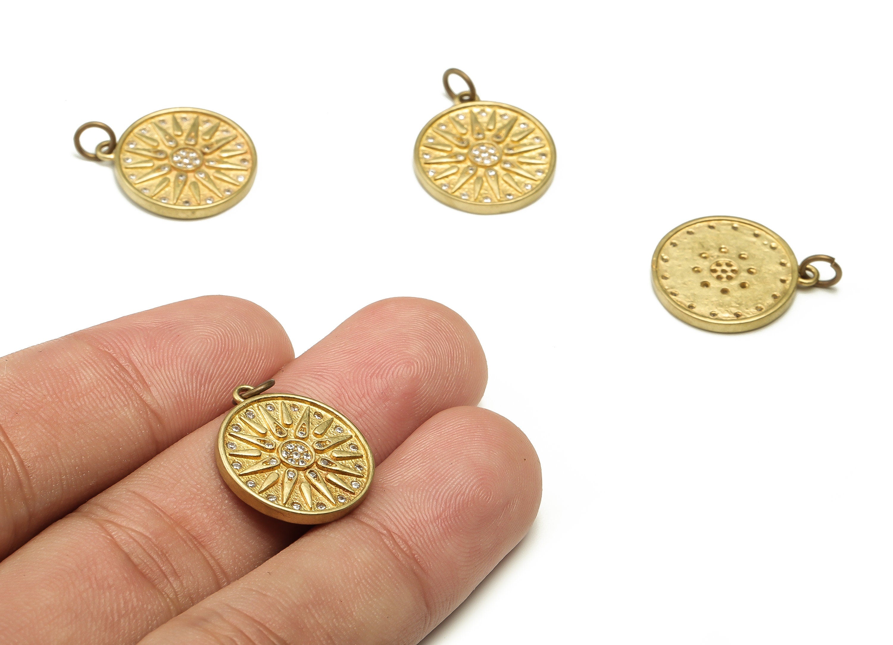 Brass Round Sun Earring Charms With Zircons - Raw Brass Circle Pendant - Earring Finding - Jewelry Making Supplies - 19x16.8x1.8mm - PP4652 - DOMEDBAZAAR