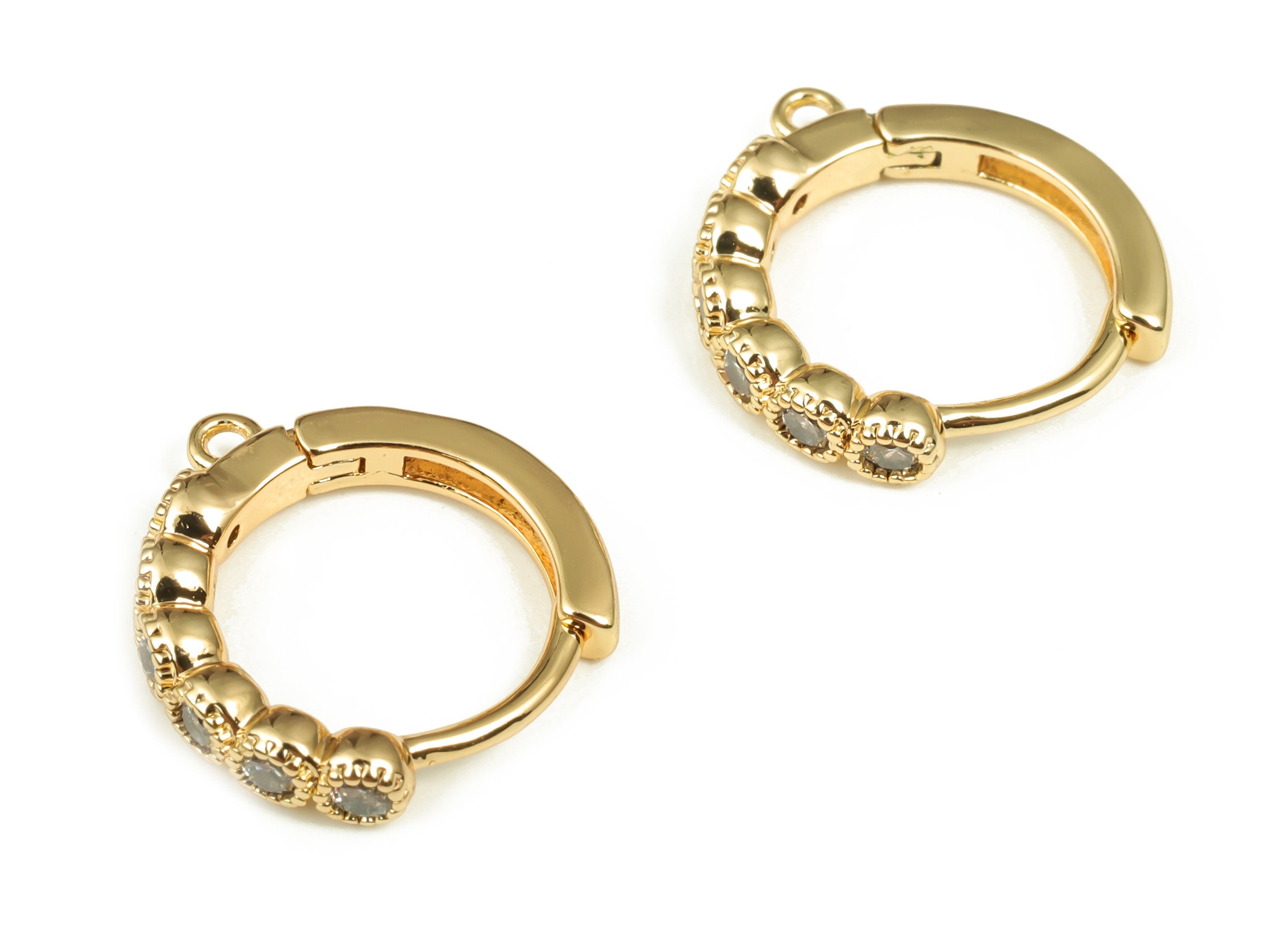 Brass Round Hoop Earring - Gold Hoop Huggie with Zircon - 18k Real Gold Plated Brass Studs - Jewelry Supplies - 14.65×13.98×2.59mm- RGP4013 - DOMEDBAZAAR